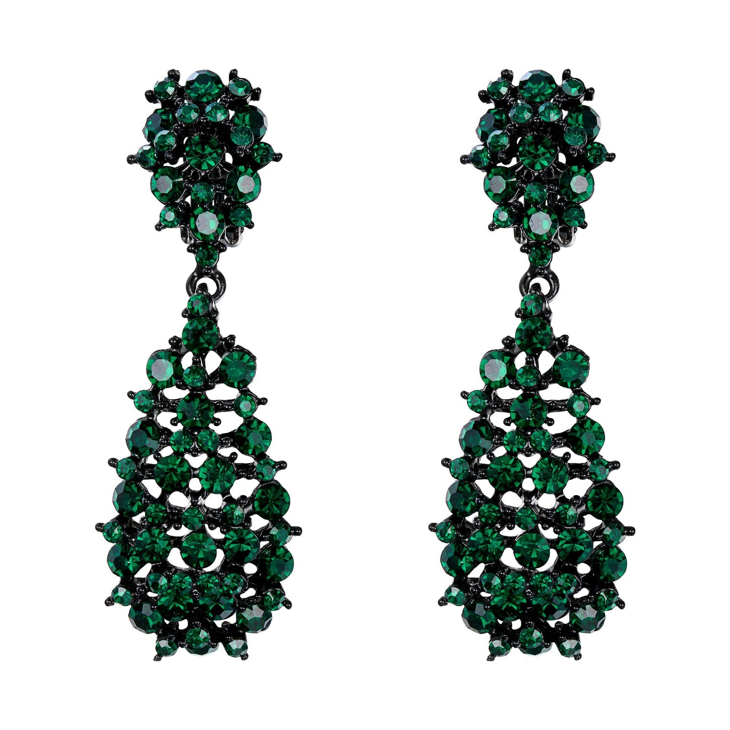EVER FAITH Women's Jewelry Green Crystal Hollow Waterdrop Vinatge Style Dangle Clip-on Earrings Black-Tone