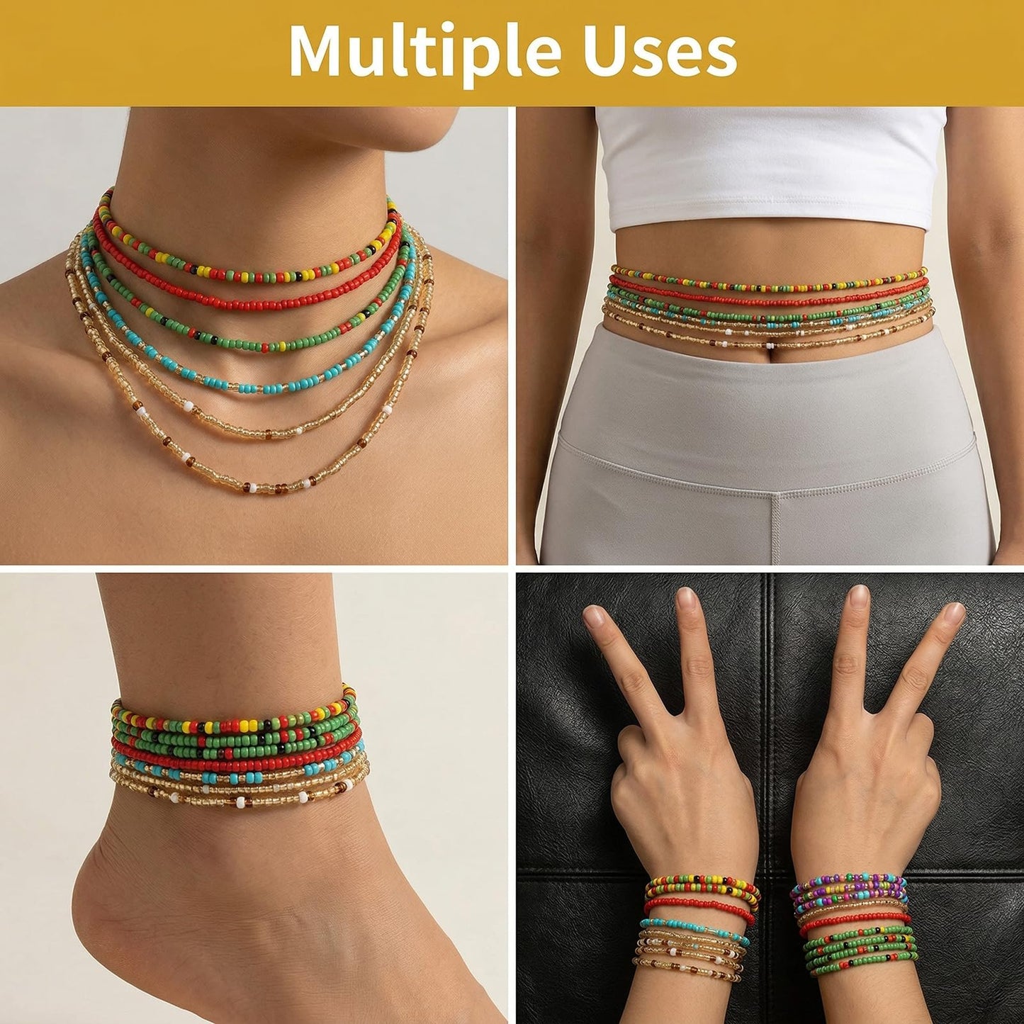 Waist Beads Body jewelry, Colorful Belly beads, Bohemian Bead jewelry, Layered Belly chains, 31.5Inch Stretches Waist chain (7 Piece) (WB001-2#)