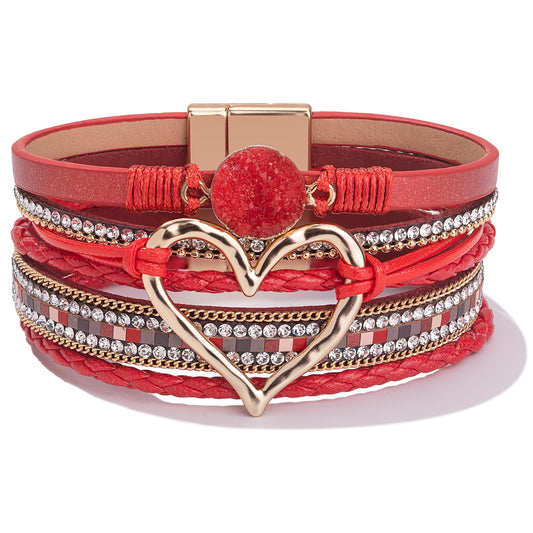 FANCY SHINY Heart Leather Wrap Bracelets Stackable Boho Cuff Bangles Trendy Resin Stone Rhinestone Bracelets with Magnetic Clasp for Women Gifts Jewelry(Red)