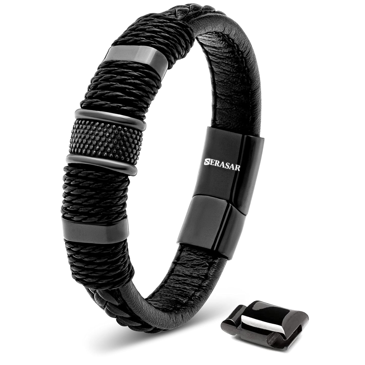 SERASAR Black Bracelet Leather Men 17cm Gift Box Genuine Cowhide Braided Adjust Able Magnetic Clasp Multi Layer Wrap Rope Man Mans Male Mens Bracelets Band Jewelry Magnet Accessories