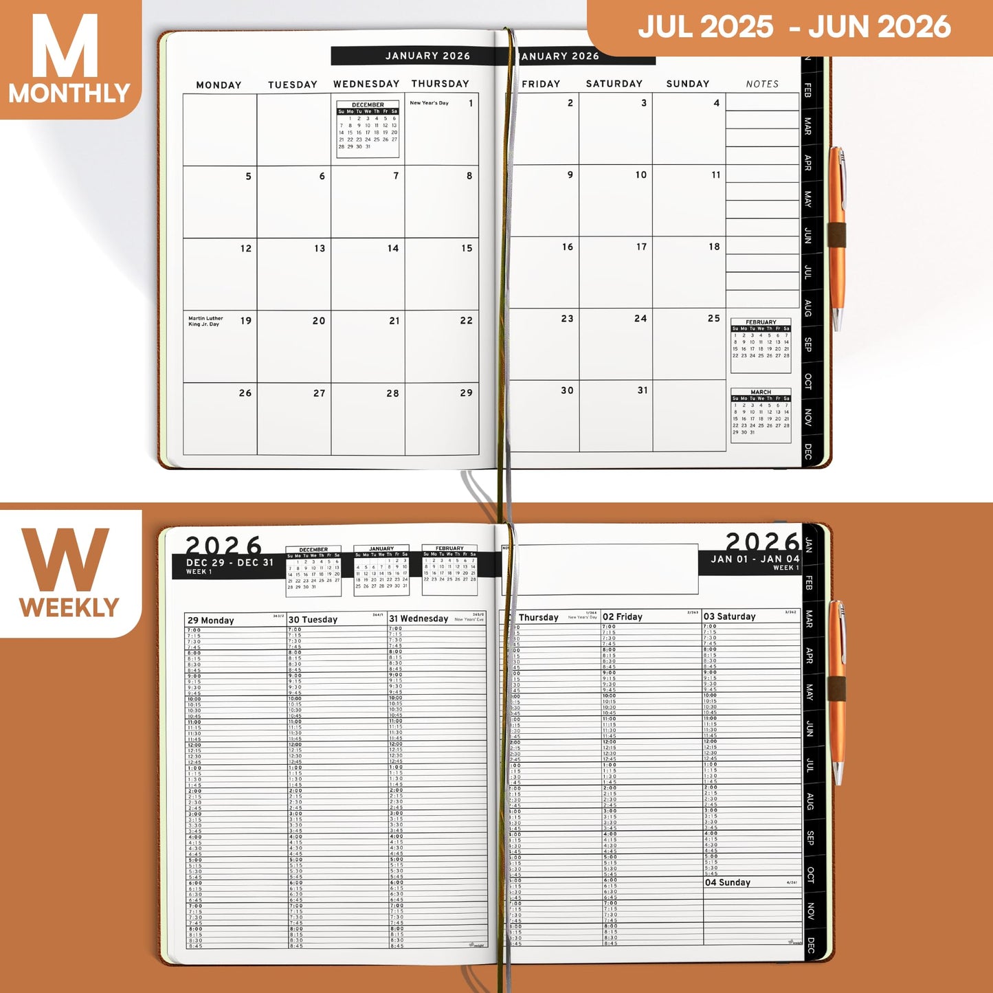 Ensight 2026 Hardcover Appointment Book & Planner 8.5" x 11" inches Large Tabbed Daily Hourly Weekly Planner Schedule Book 15 Minute time Slots Business & Personal Planner Jan 2026 Dec 2026 Brown