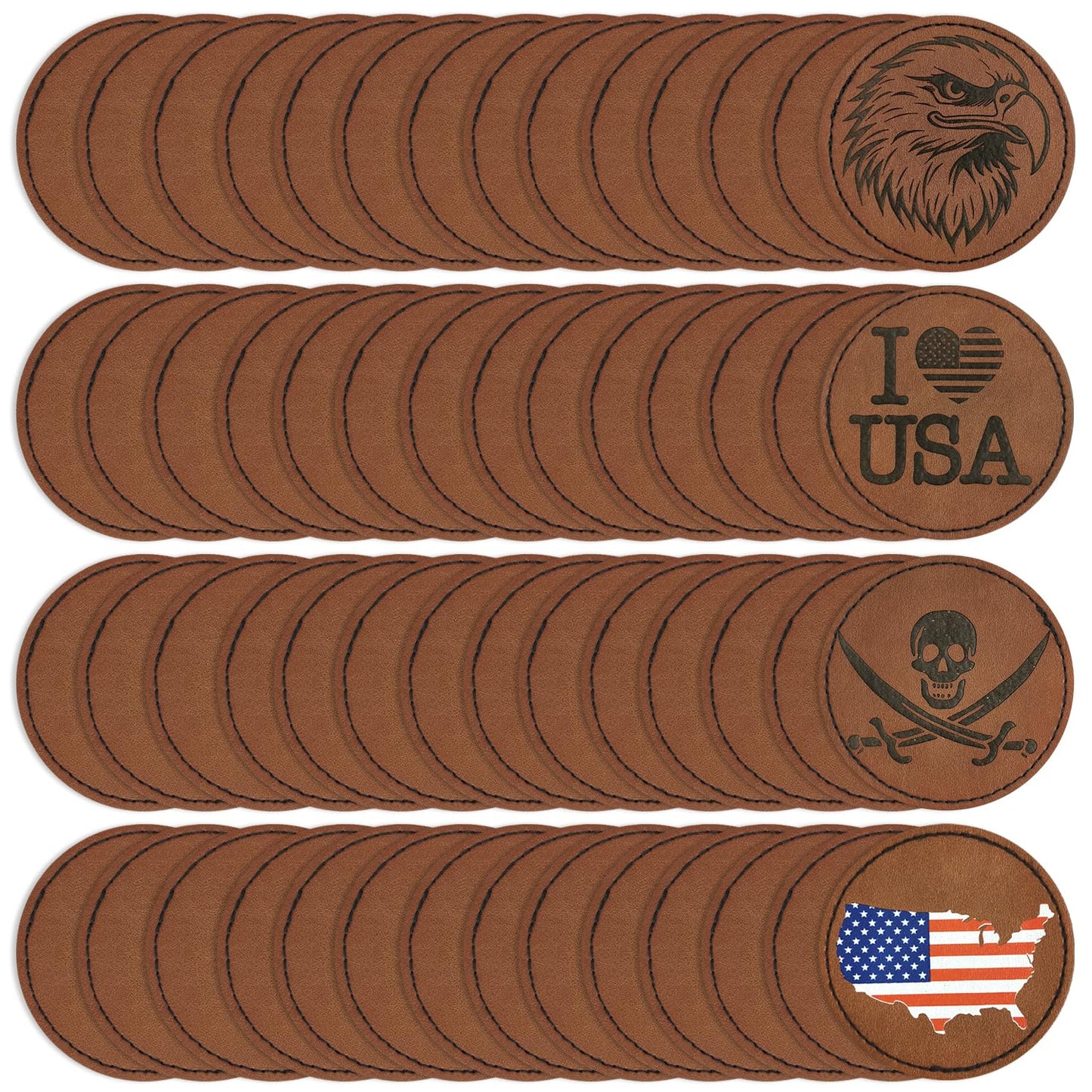 J.CARP 64Pcs Blank Leatherette Hat Patches with Adhesive, Iron on Leather Patches for Hats, Laser Engraving Heat Press Leather Patch for Fabric Clothes Repair Repair Brown Round