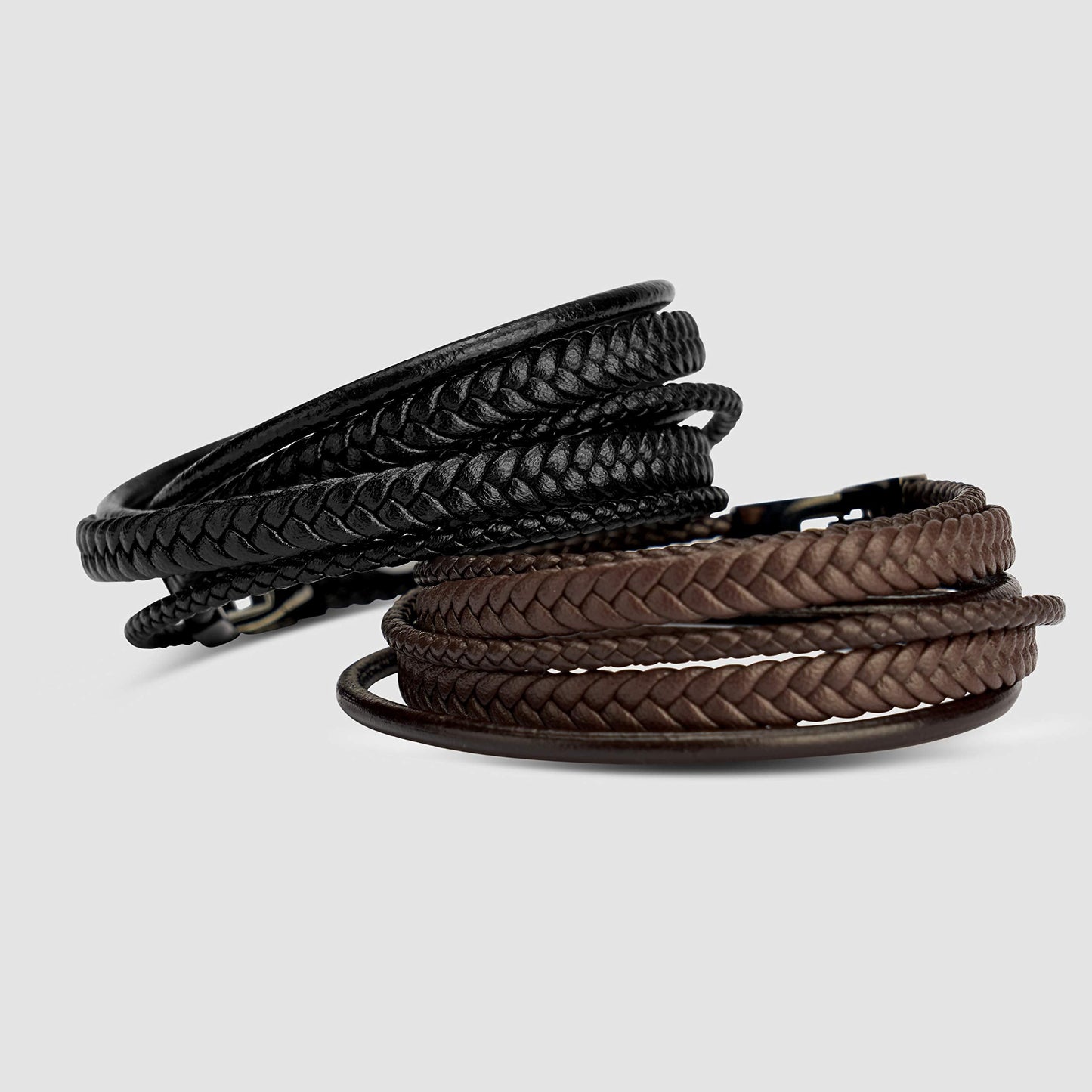 SERASAR 46cm Pulseras para Hombres Black Leather Bracelets for Men Brown Cowhide Gift Box Braided Bracelet Stainless Steel Jewelry Wrist Band Chain Rope Bangle regalo