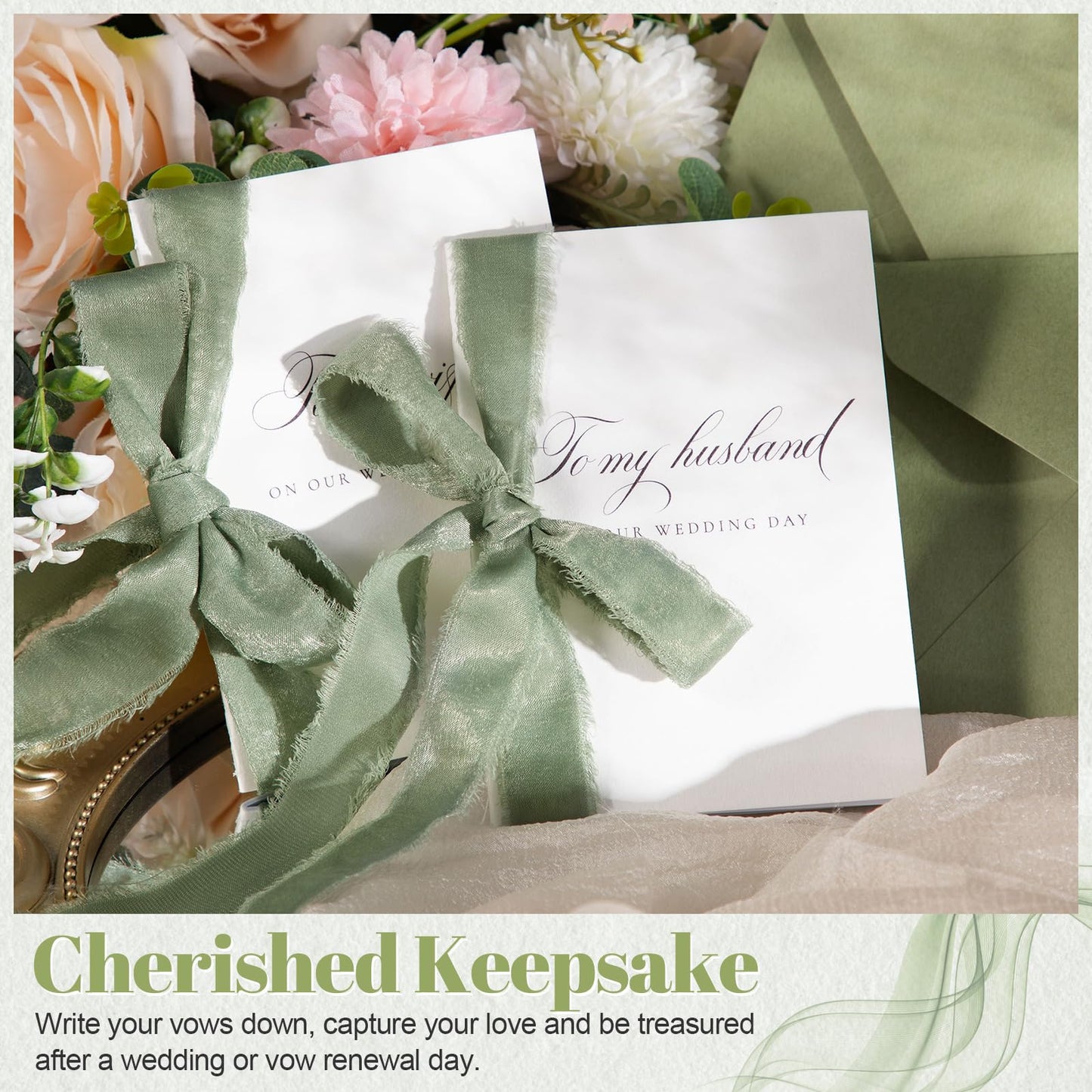 Engrowtic 2 Set Wedding Vow Books to My Husband Wife Vow Books with Silk Ribbon and Envelopes Wax Seals A6 Bride and Groom Guestbook for Bridal Shower Engaged Couple Wedding Essential(Sage Green)