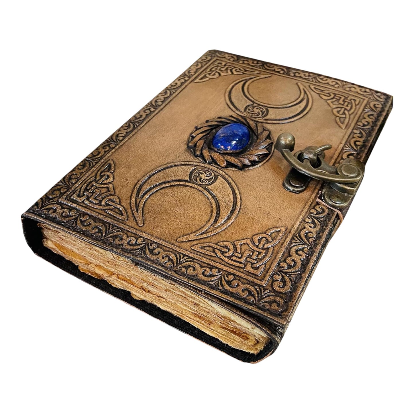 Old Leather Journal, junk notebook Lock Closure, Book of Shadows blank spells, Grimoire, Witch, Vintage 200 pages Antique Deckle Edge Paper Sketchbook and Travel Notebook Stone Moon journal 7x5