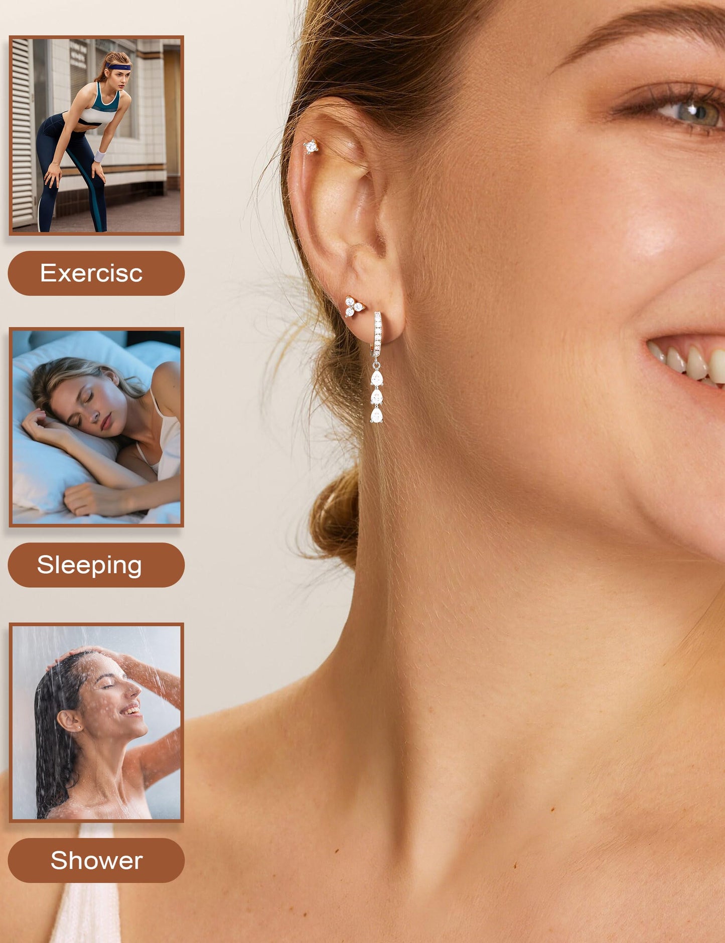 M MOOHAM Silver Dangle Earrings for Women, Drop Dangling Earrings Stacks Set Dainty Silver Hypoallergenic Cubic Zirconia CZ Hoop Earring Flat Back Stud Cartilage Earring Jewelry Gifts for Women