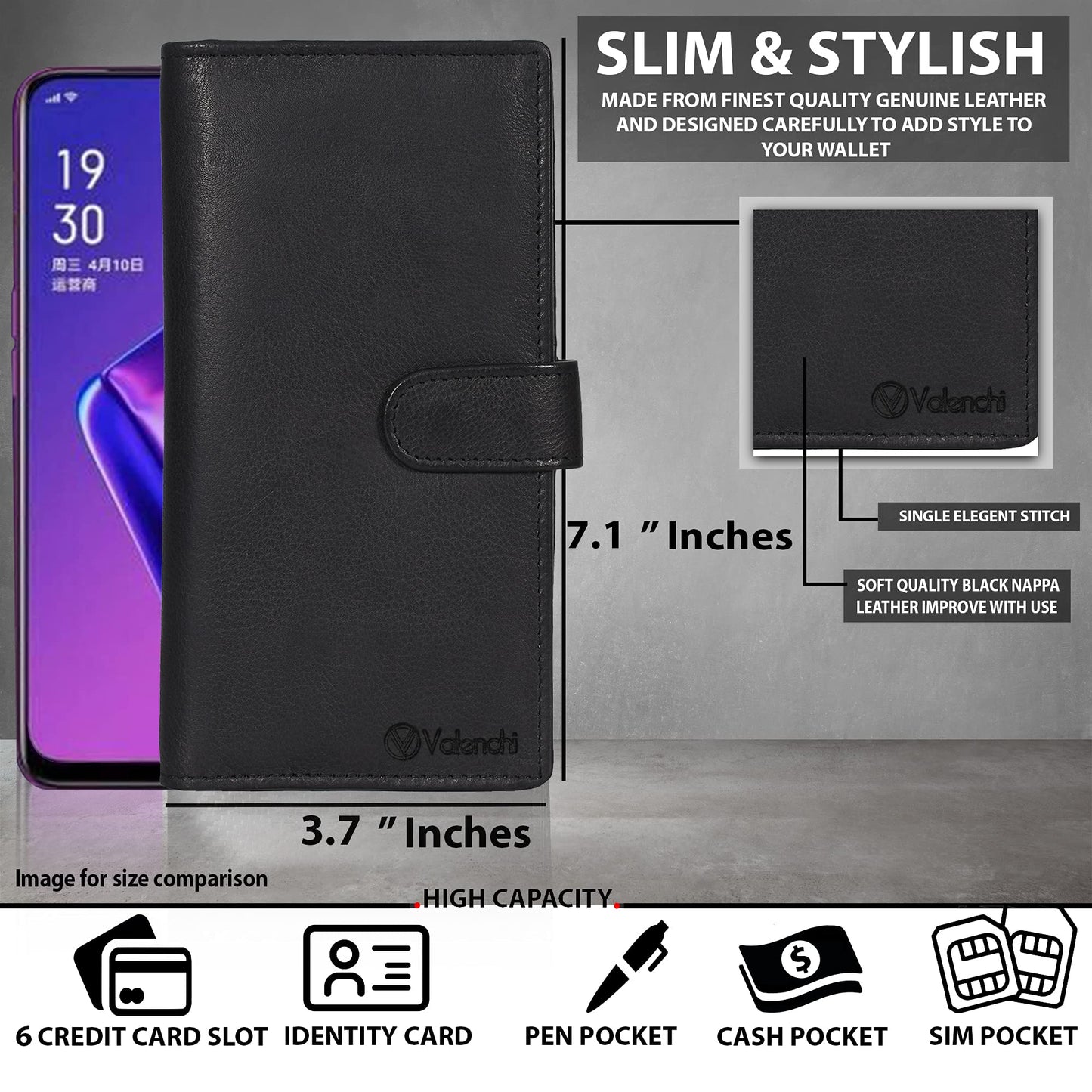 Leather Checkbook Cover for Men & Women - Duplicate Checks - RFID Blocking - Slim Long Wallet with 5 Card Holder Slots - Personal & Business Checks (Black Nappa)