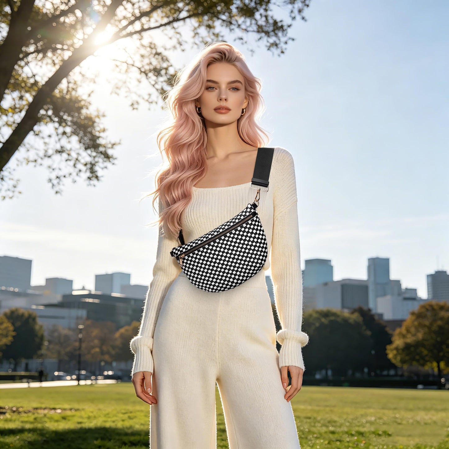 LANALULU Woven Crosssbody Bags for Women Trendy Vegan Leather Bum Bags Shoulder Purses Smooth Zip Fanny Pack with Adjustable Strap for Travel Festival Shopping Black White