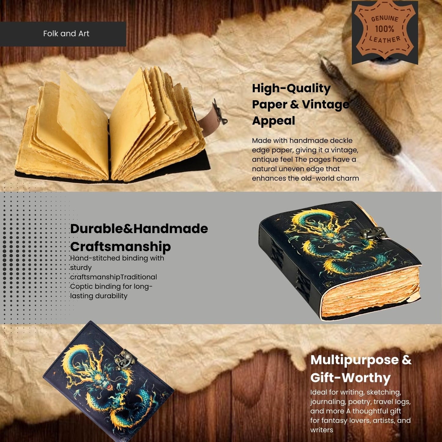 The Arcane Dragon – Handmade Antique Deckle Edge Paper Leather Journal with Embossed Dragon Cover & Lock Closure – Vintage Writing Diary, Fantasy Spell Book, Sketchbook, Gift for Writers & Artists