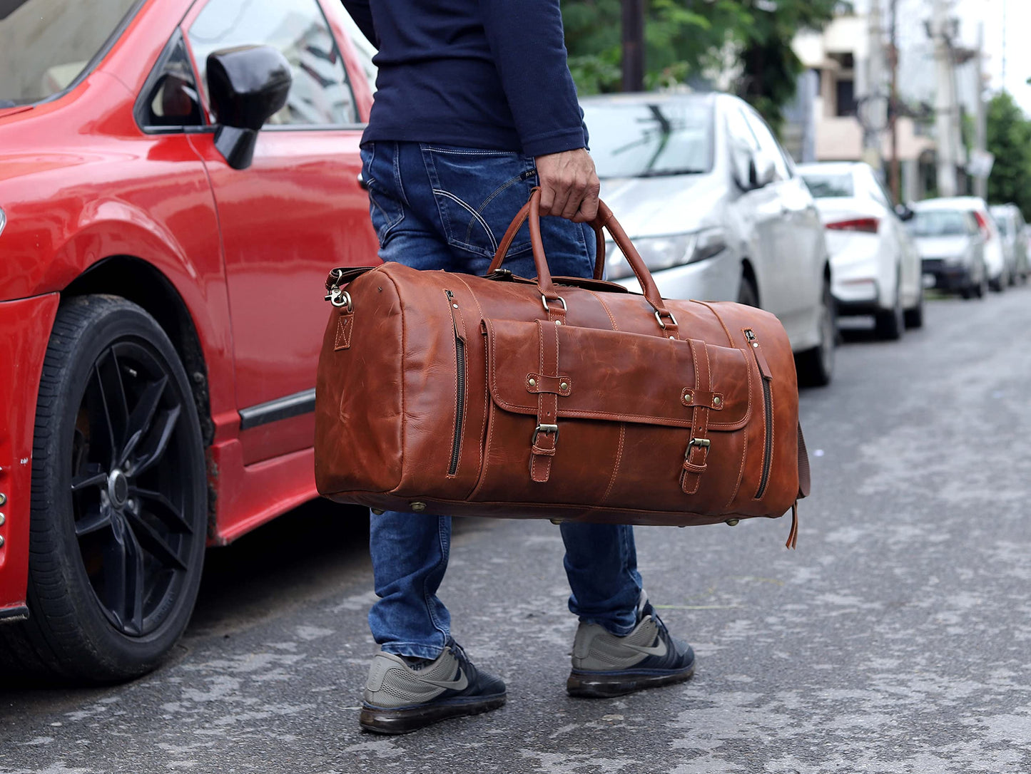 24 Inch Leather Duffle Bags for Men Large Full-Grain Buffalo Leather Overnight Gym Bag, Luggage Weekend Travel Bag for Men & Women, Carry On Airplane Cabin Bag with Shoe Compartment