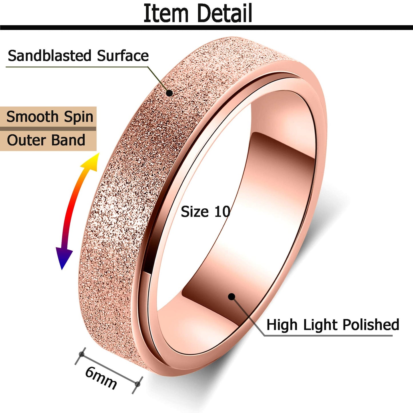 OreilleStar Anxiety Ring for Women Fidget Spinner Ring Fidget Toys Adults Titanium Stainless Steel Thumb Ring 6mm Wide Rose Gold Size 9