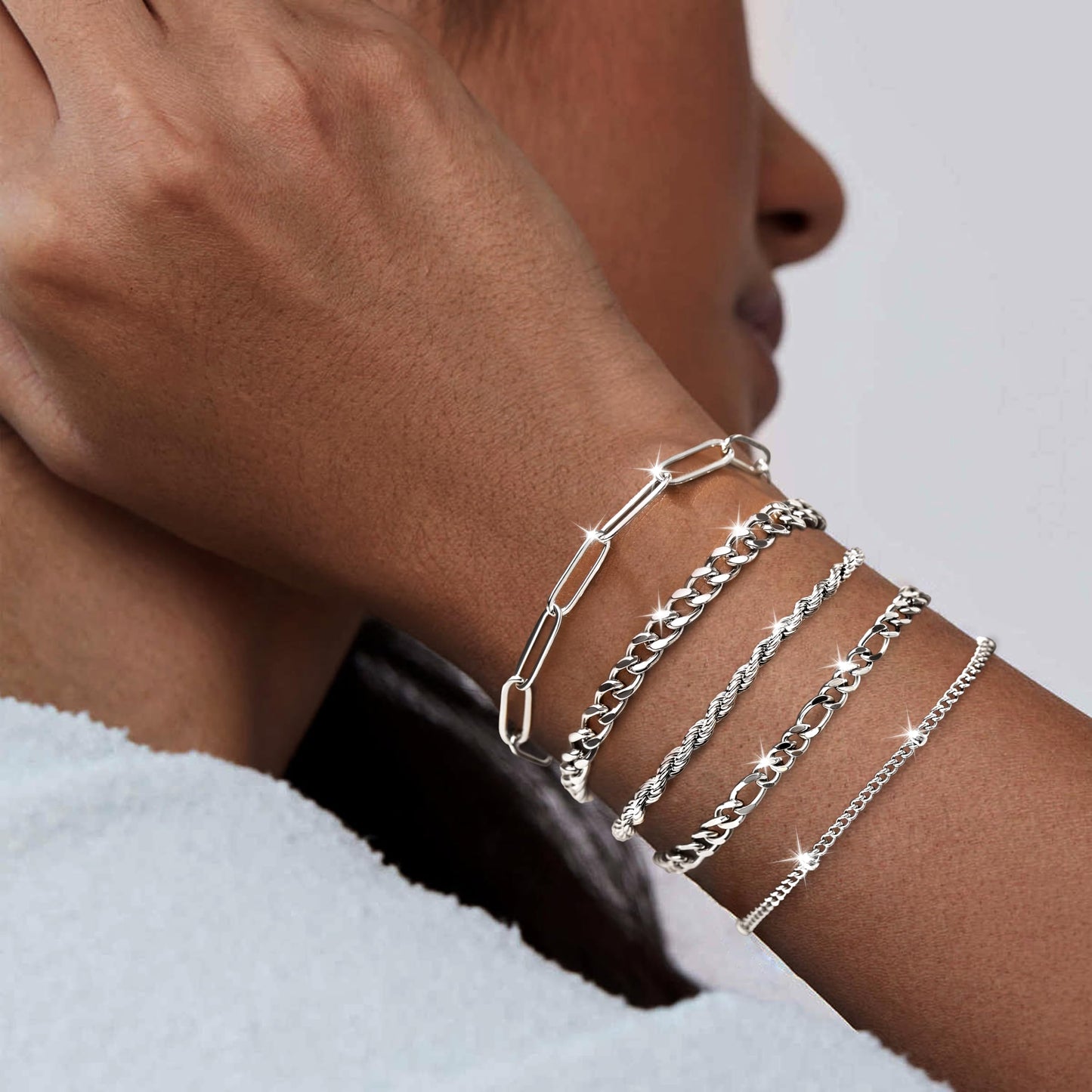Poxtex Silver Bracelets for Women, Dainty Sterling Silver Bracelets for Women Trendy, Silver Stackable Bracelets Waterproof Jewelry for Women, Classic & Simple Bracelet Set with Cuban Paperclip Figaro