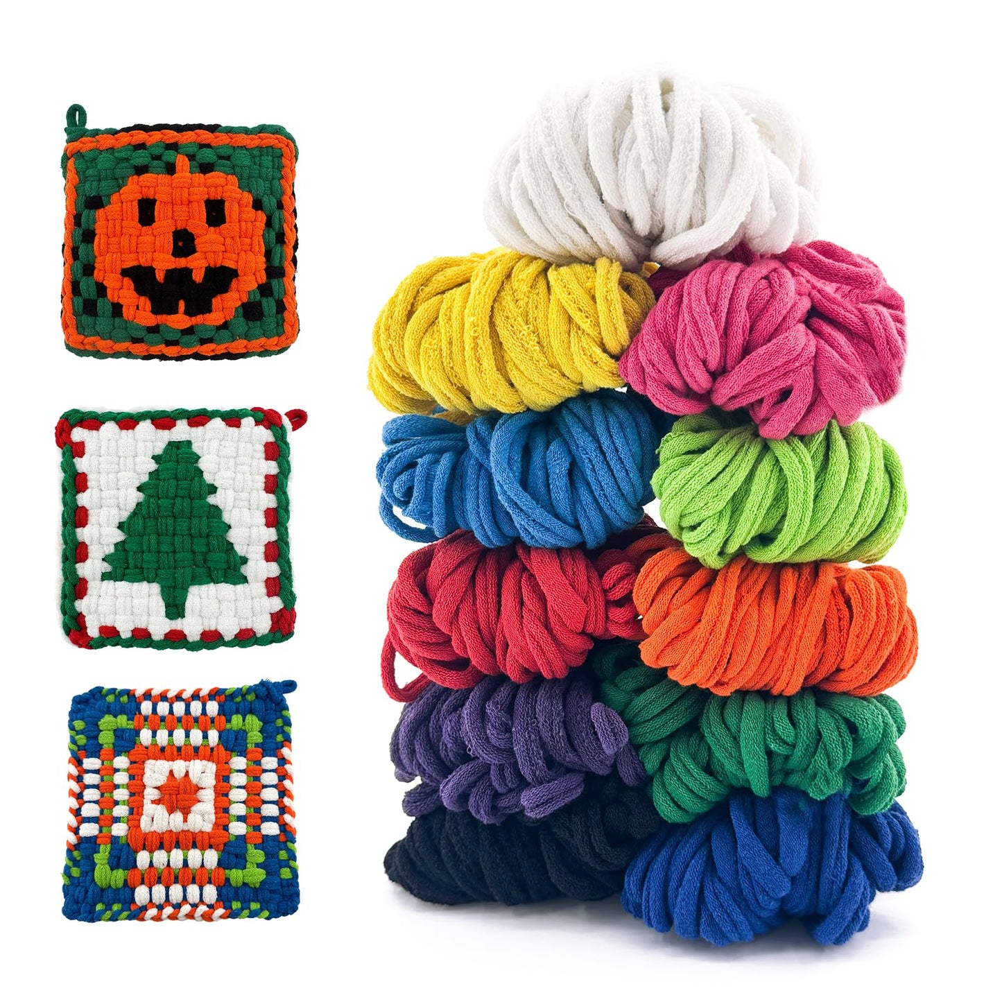 OYACH 440pcs 10 inch Cotton Weaving Loom Refill Loops,11 Colors Rainbow Potholder Loom Loop Bands,Weaving Pot Holder Refill Loops DIY Crafts for Adults Kids,8pcs 8" Potholders(Loom not Included)