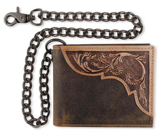 F&L CLASSIC RFID Blocking Mens bi-fold Style Cowhide Leather Steel Chain Wallet, brown western style,texas 83