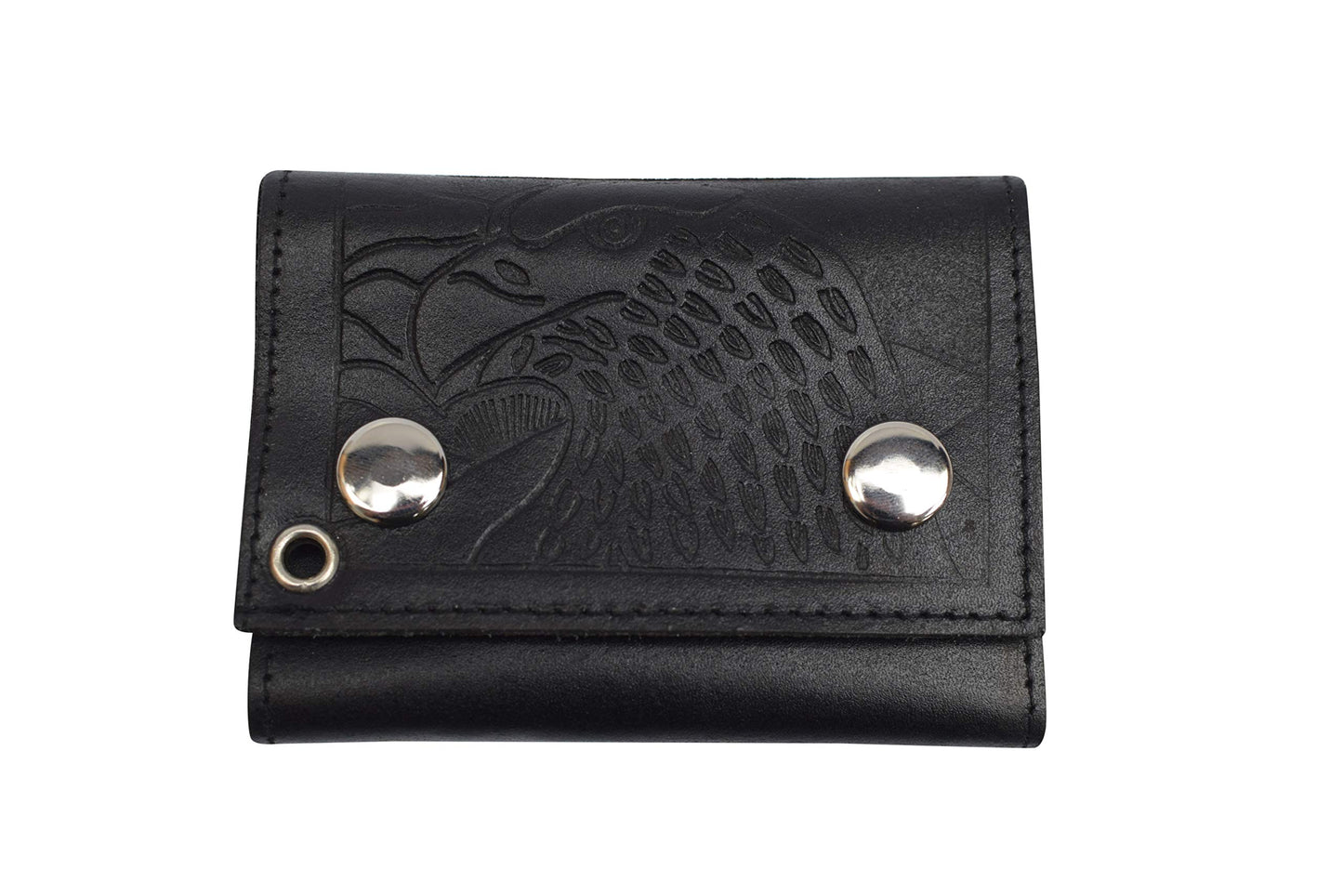 MARSHAL Men's Genuine Leather Black Trifold Wallet with Chain Biker Trucker Motorcycle (Eagle Black)