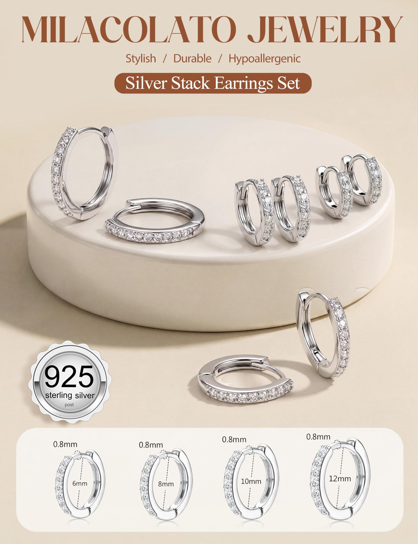 MILACOLATO 925 Sterling Silver Earrings for Women, Sterling Silver Filled Small Huggie Hoop Earrings Sets for Multiple Piercing Hypoallergenic Jewelry, CZ Cartilage Earrings Stacks Trendy Jewelry Gifts, 4 Pairs