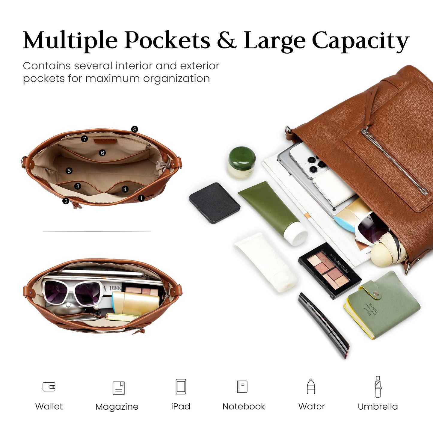 befen Real Leather Crossbody Bucket Bags for Women, Women's Lightweight Cross Over Shoulder Purses with Multiple Compartments Brown Large Leather Bag
