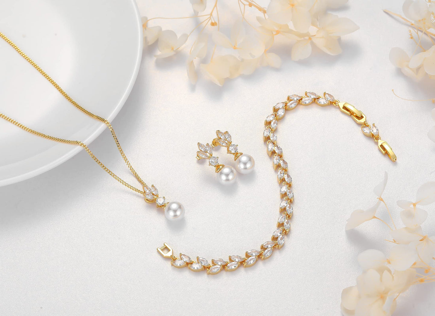 IDASANY Wedding Jewelry for Bride Bridesmaid, Pearl Dangle Earrings and Pendant Necklace Set Bridal Jewelry for Promise Wedding Party, 1 Set, Gold