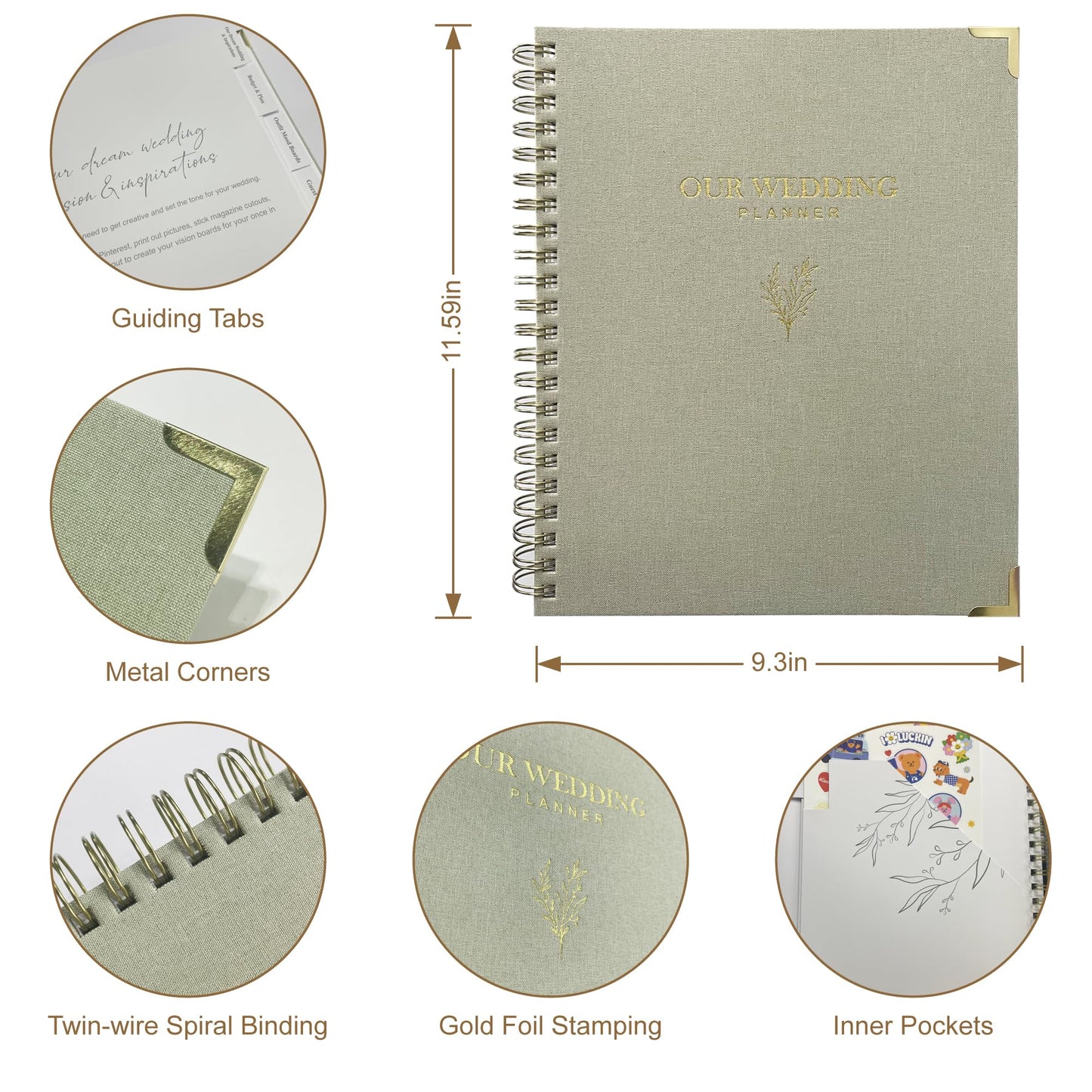 WeddingGiftsWedding Wedding Planner Book and Organizer for Bride - Elegant Linen Cover Wedding Planning Binder with Checklists,Pockets & Calendars,Perfect Engagement Gifts for Couples(Sage)