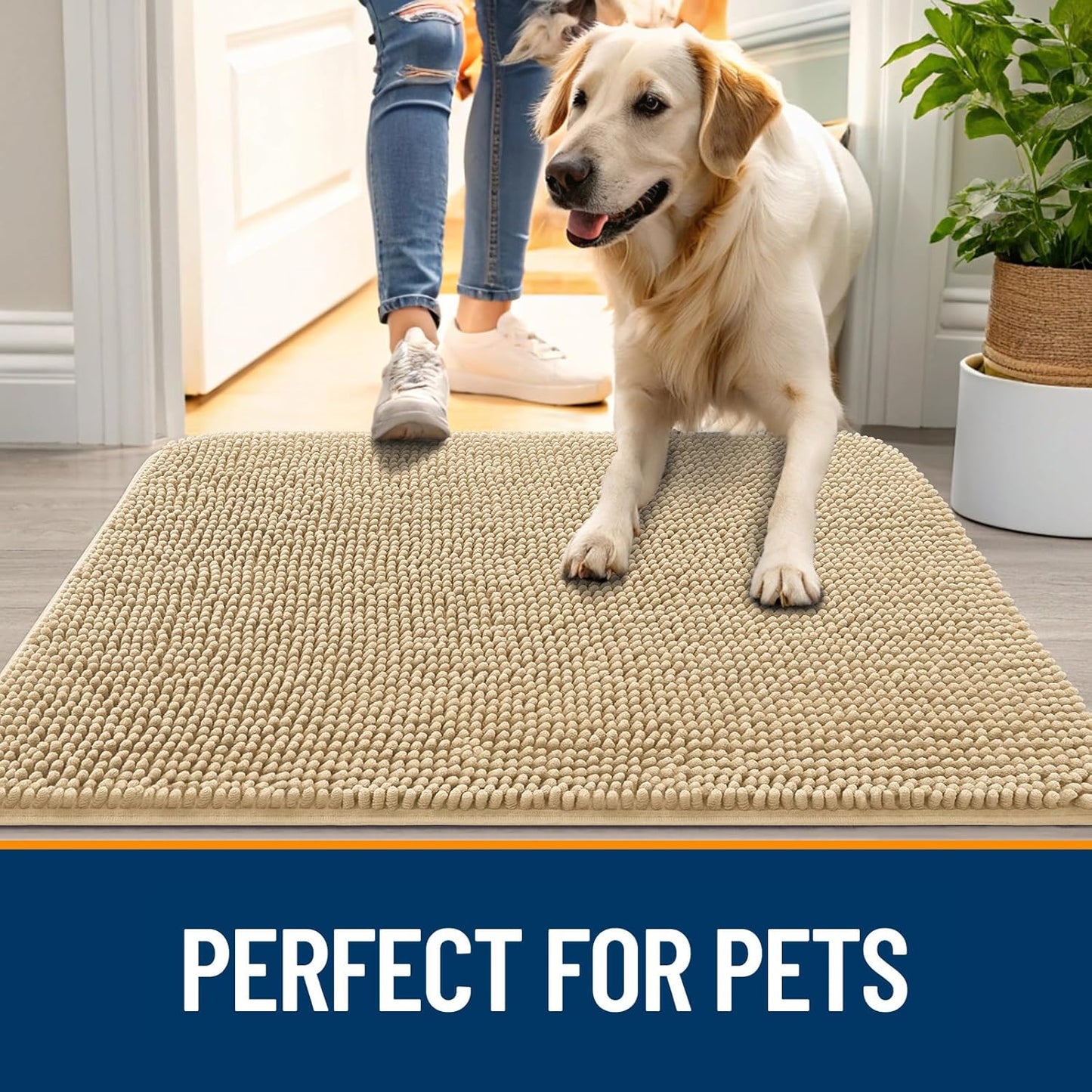 OLANLY Dog Door Mat - Absorbent Non-Slip Washable Chenille Mat for Muddy Paws | 30x17 Inches, Beige
