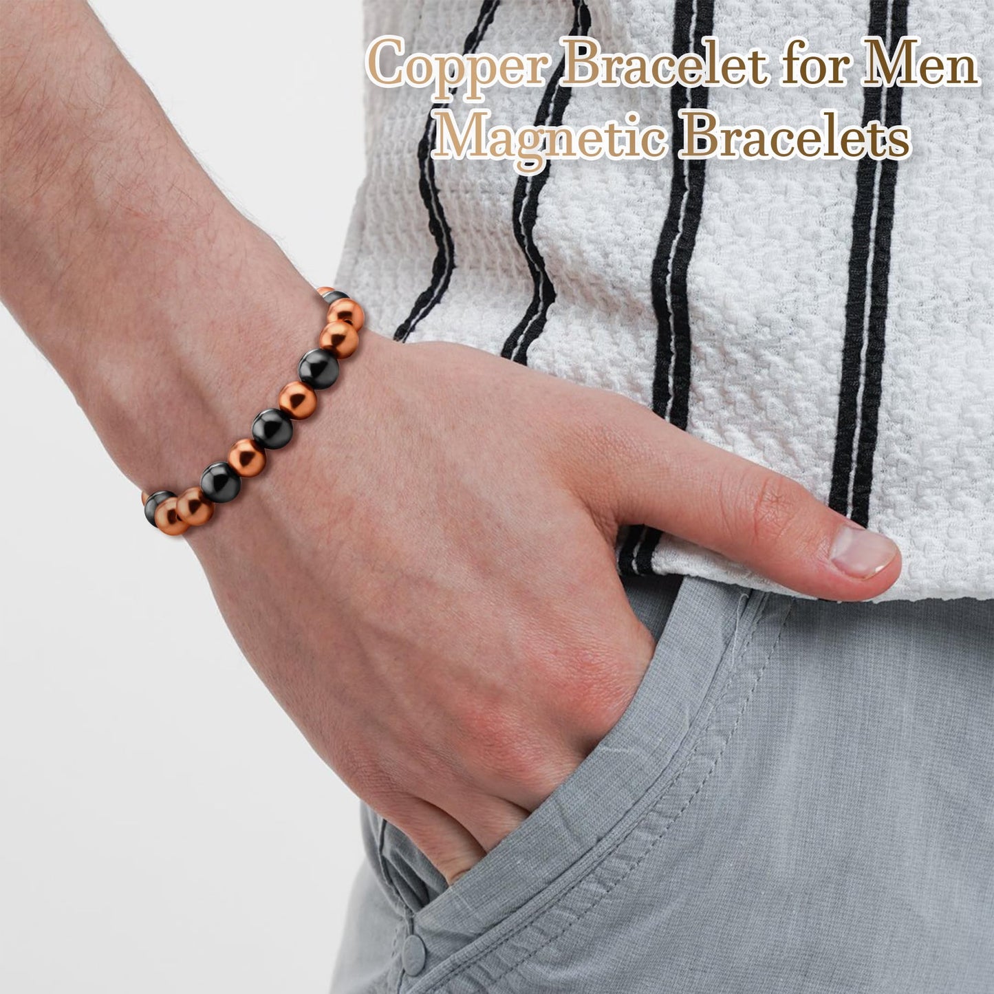 PEALICIOUS Copper Bracelet for Women and Men, 10MM Copper Magnetic Bracelet with 3500 Gauss Magnet Beads as Birthday Gifts for Dad, Cooper Hematite Jewelry Pulsera De Cobre para Mujer for Parents