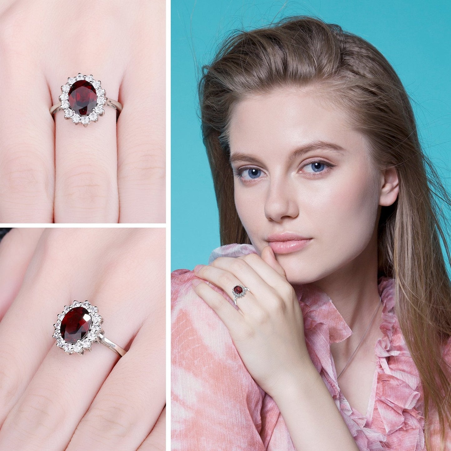 JewelryPalace Princess Diana Kate Middleton Gemstone Birthstone Genuine Red Garnet Halo Statement Engagement Rings for Women, 14K White Gold Plated 925 Sterling Silver Promise Rings for Her Size 10.5