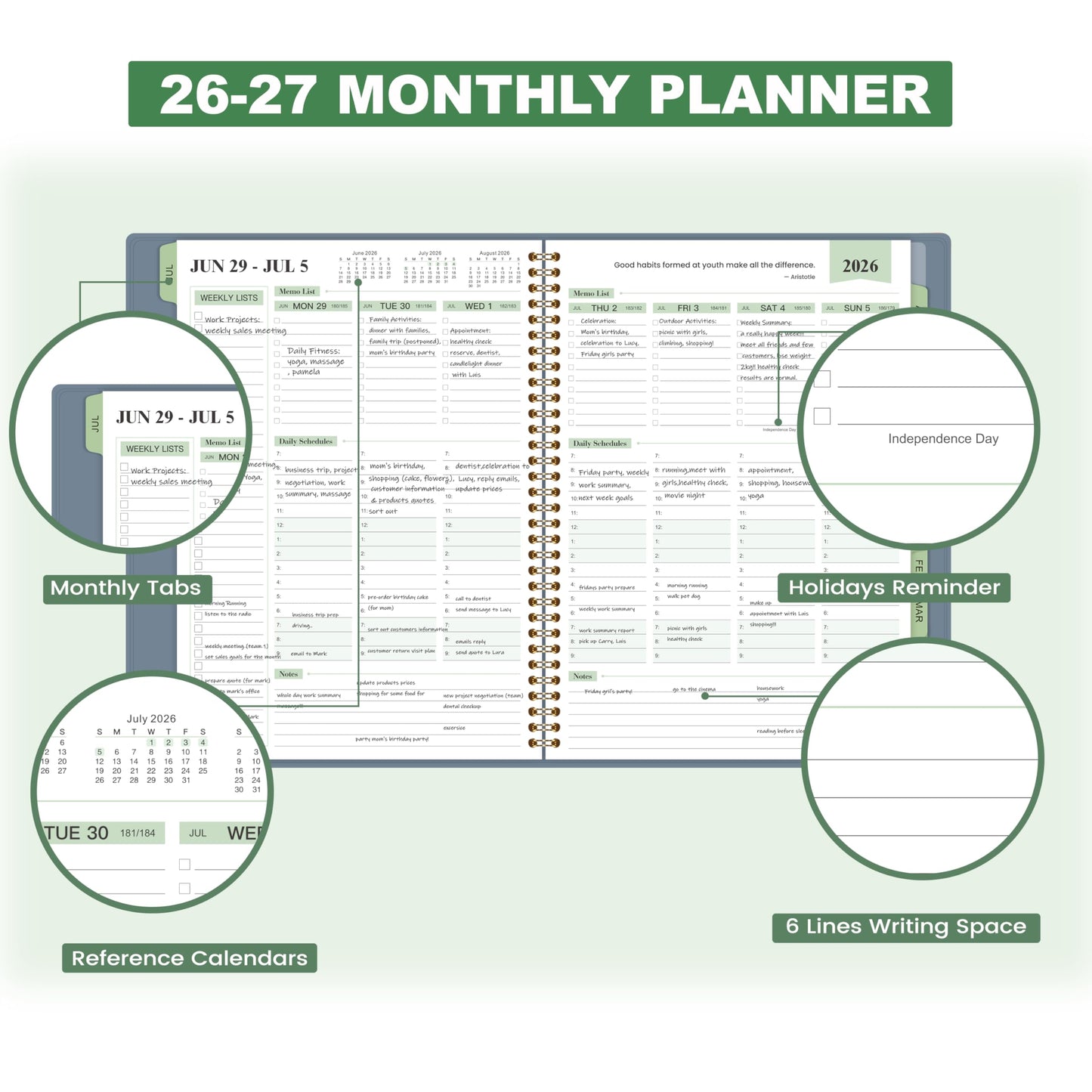 Appointment Book 2026-2027- Business Planner, JUL 2026 - JUN 2027,Planner 2026-2027, 3-Tier Schedule Planner, 8.74" x 11.38", 60 Minutes Intervals + Monthly Tabs + Leather Cover + Pocket - Pea Green