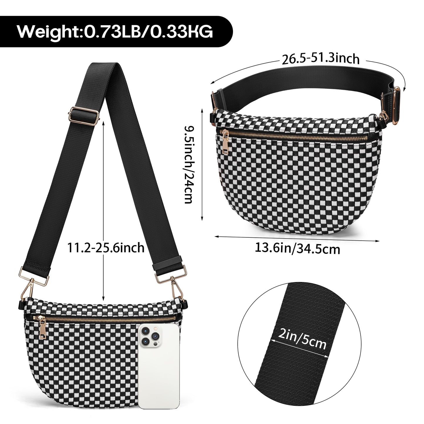 LANALULU Woven Crosssbody Bags for Women Trendy Vegan Leather Bum Bags Shoulder Purses Smooth Zip Fanny Pack with Adjustable Strap for Travel Festival Shopping Black White