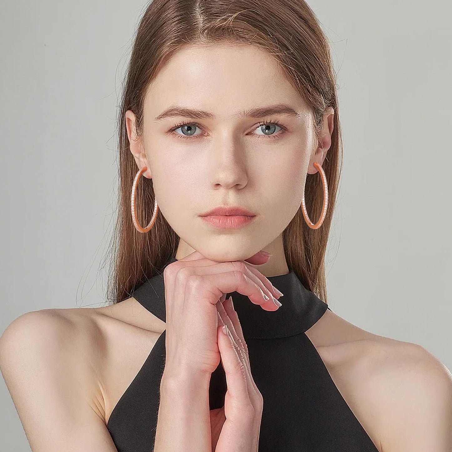 Gacimy Rose Gold Hoop Earrings for Women, 50mm Cubic Zirconia Hoop Earrings, 14K Rose Gold Plated Brass with 925 Sterling Silver Post