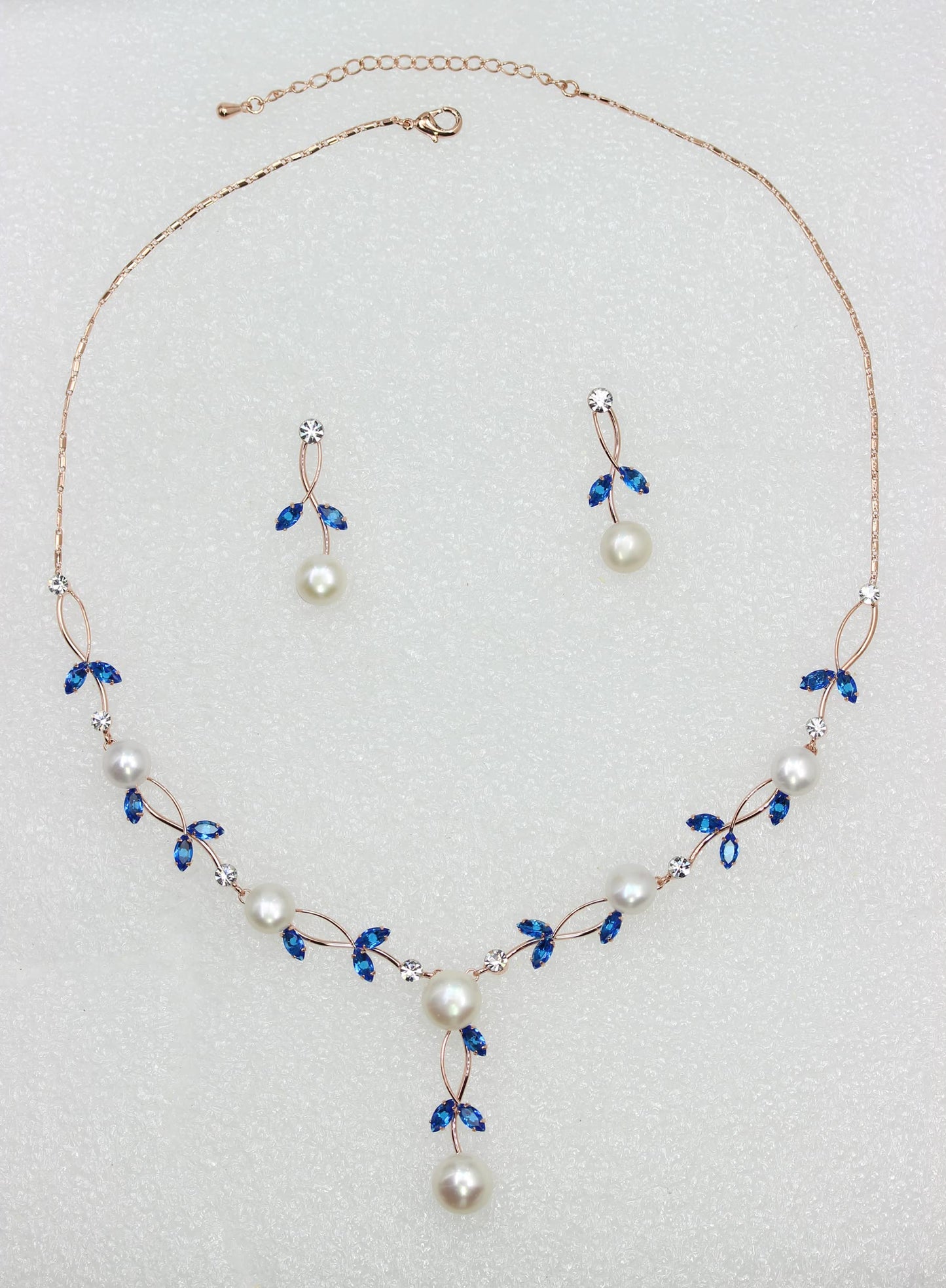 Faship Gorgeous Blue CZ Crystal Genuine Freshwater Pearls Floral Necklace Earrings Set - Blue/Rose Gold Plated