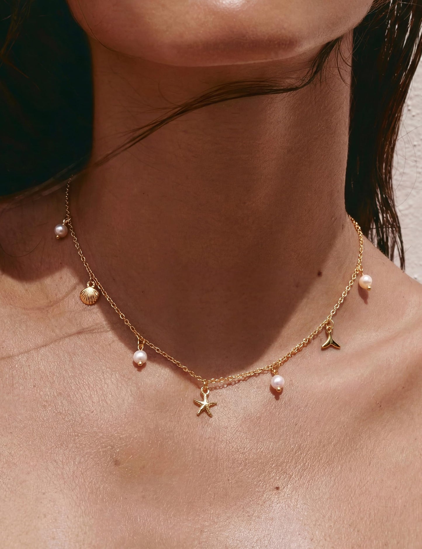 LOYALLOOK Shell Starfish Necklace for Women, 14k Gold Plated Dainty Pearl Starfish Mermaid Tail Charm Necklace Stack, Non Tarnish Waterproof Gold Beach Accessories for Summer Vacation