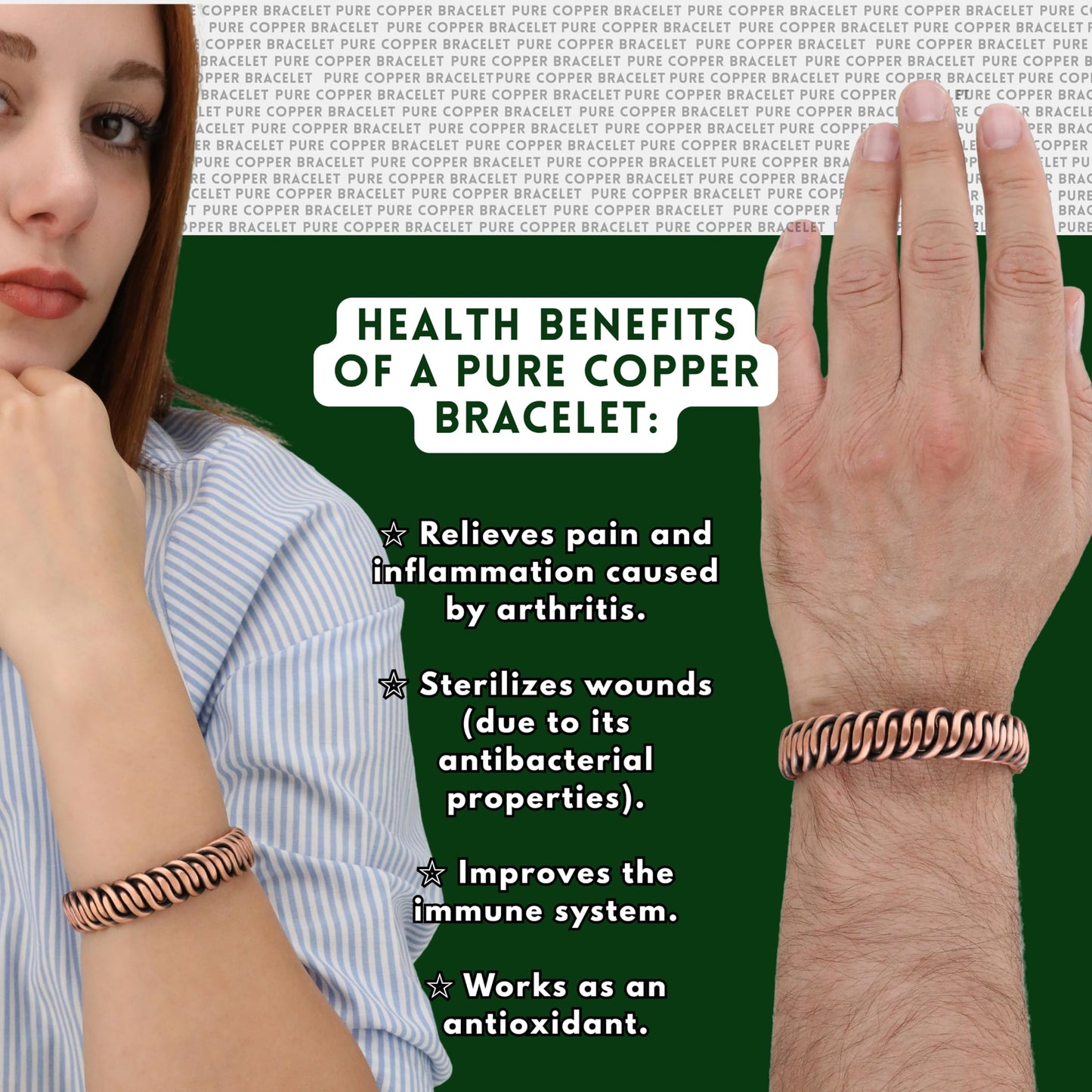 tunarts Handmade Elegant Copper Bracelet for Women and Men - Pure Copper Bracelet for Pain Relief and Stress Relief - Adjustable, Thickest, Twisted Copper Wire Bracelet to Fit many Size Wrist (art)