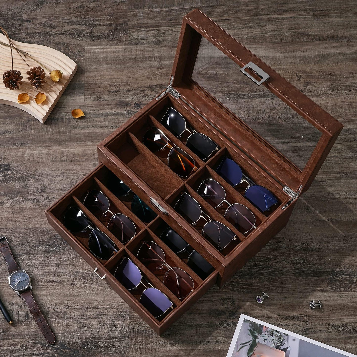 BEWISHOME Sunglasses Organizer, 12 Slots Sunglasses Case for Women Men, Eyeglasses Eyewear Display Case with Clear Glass Top, Faux Leather,Brown SSH48Z