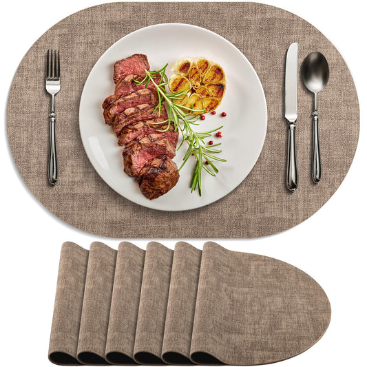 BARTHKIT Placemats Set of 6 Non Slip, Heat Resistant Oval Faux Leather Place mats Double Layer, Waterproof Table Mats Easy to Clean for Kitchen Dining Room Coffee Office Table, Apricot
