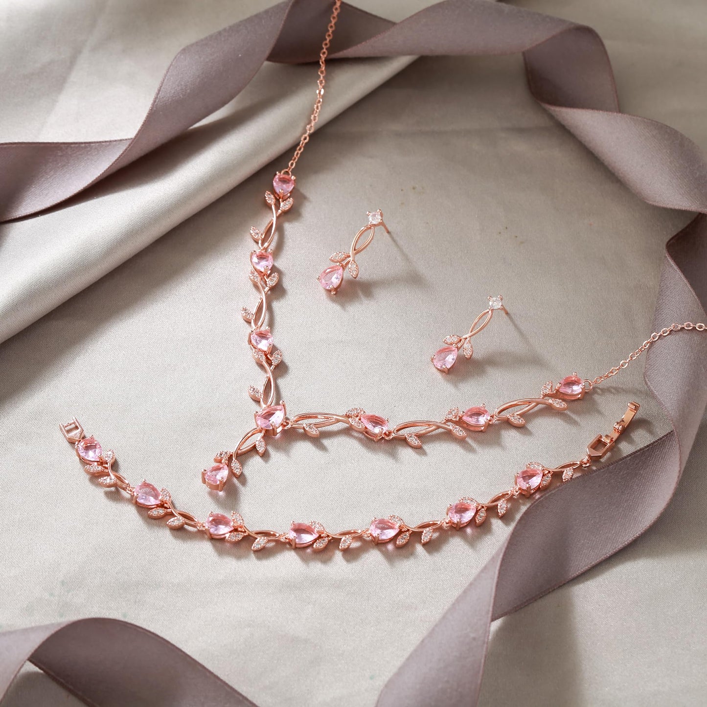 EVER FAITH Wedding Prom Jewelry Set for Bridesmaid, Pink Teardrop Cubic Zirconia Rose Gold-Plated-Brass Bridal Party Necklace Dangle Earrings Bracelet Sets for Women Gift for Mother Friend Wife