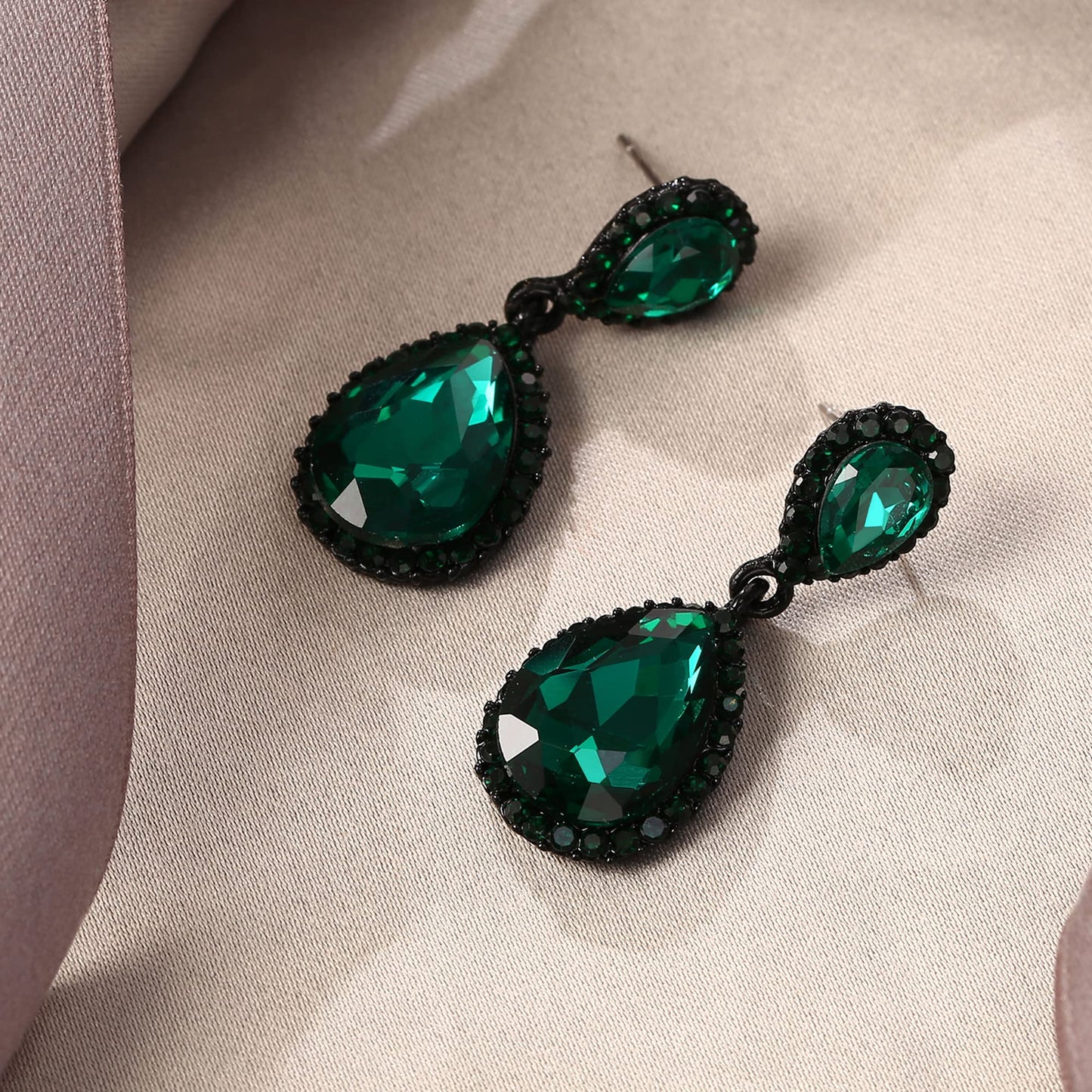 EVER FAITH Women's Austrian Crystal Dangle Earrings, Elegant Party Prom Waterdrop Pierced Earrings Green Black-Tone