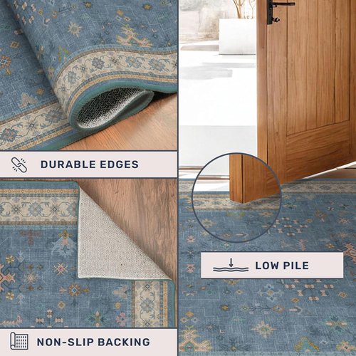 Hazo Haus Blue Area Rug - Dusty Blue 10x12 Washable Floral Design for Living Room & Bedroom
