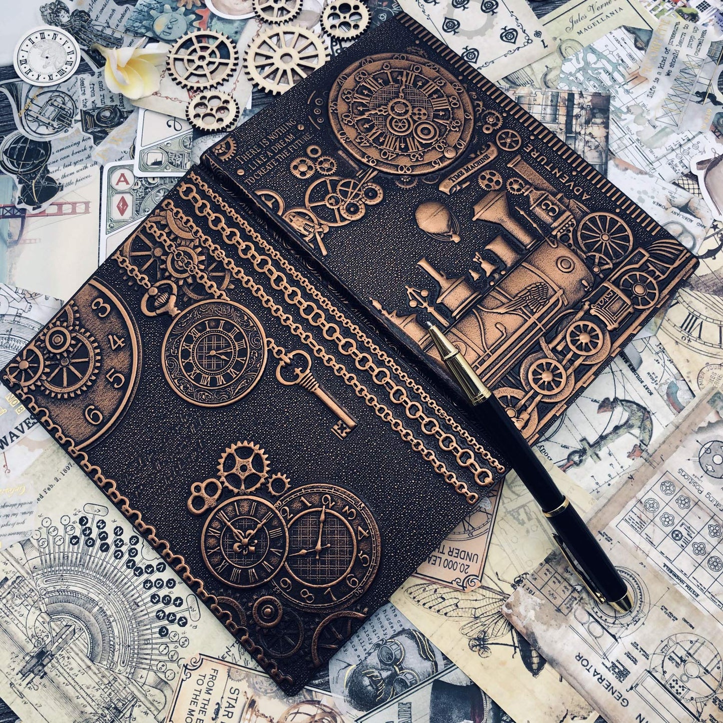 fengco Vintage Train Embossed Leather Writing Journal Notebook with Pen Set,Antique Handmade Daily Notepad Sketchbook,Travel Diary Notebooks to Write in,Gift for Men Women (A5(8.4"*5.7"), RedBronze)
