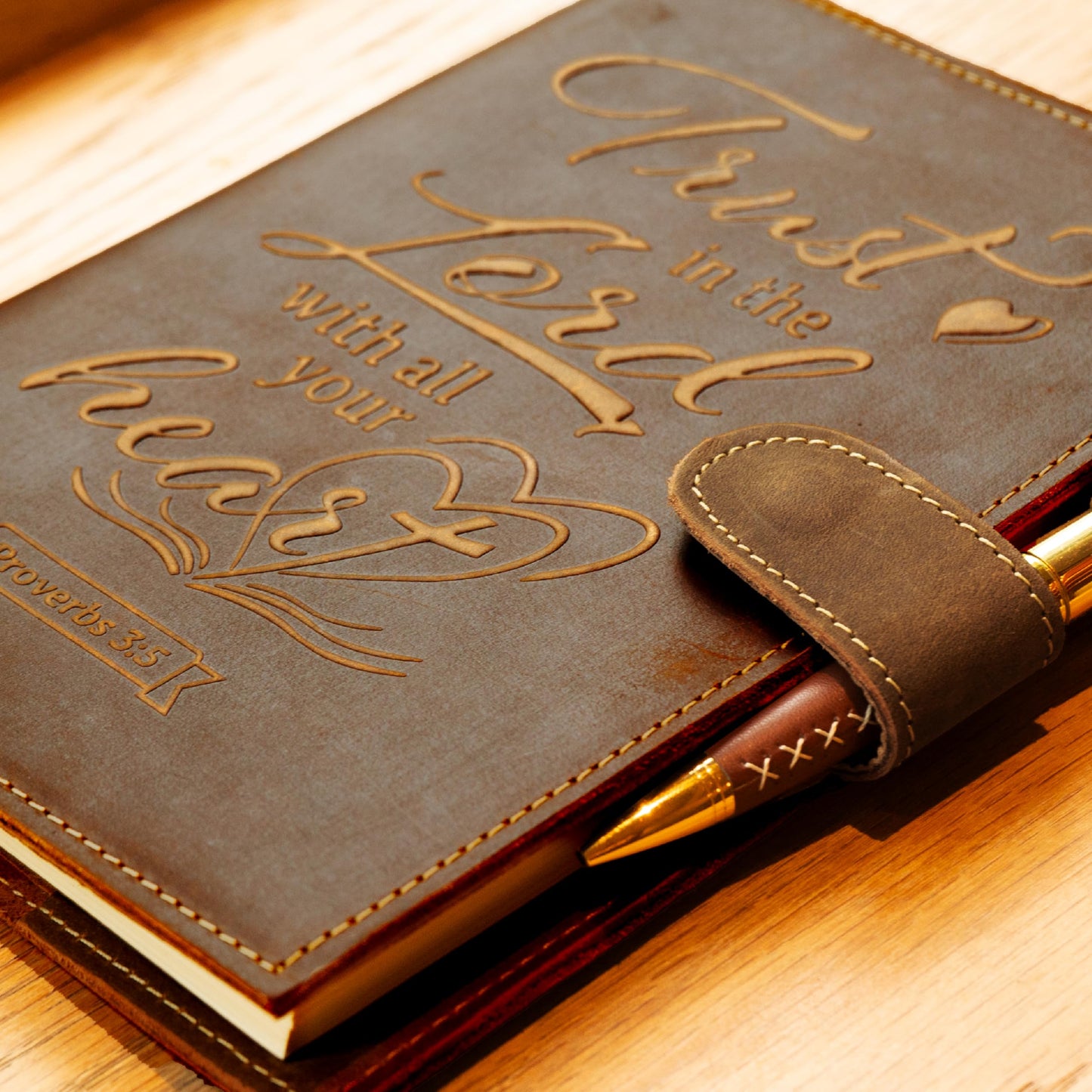 Sovereign-Gear Religious Refillable Leather Journal - Handmade A5 Writing Notebook with Pen - “Trust in the Lord” Proverbs 3:5 Embossed Diary with 2 Lined Inserts & Pen Holder - 480 Pages