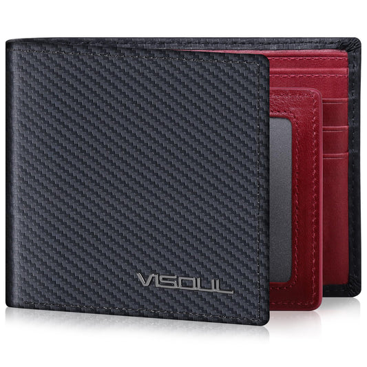VISOUL Wallet for Men with 2 ID Windows 8 Credit Card Slots 2 Cash Compartments, Carbon Fiber Leather Bifold Mens Wallet with RFID Blocking (Black+Burgundy)