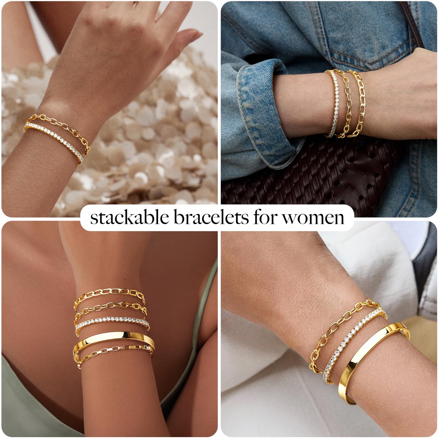 5PCS Gold Bracelet for Women Trendy, 14K Gold Plated Tennis Chain & Cuff Bracelets Set Dainty Cute Gold Stackable Bracelets Non Tarnish Gold Jewelry Set Gift