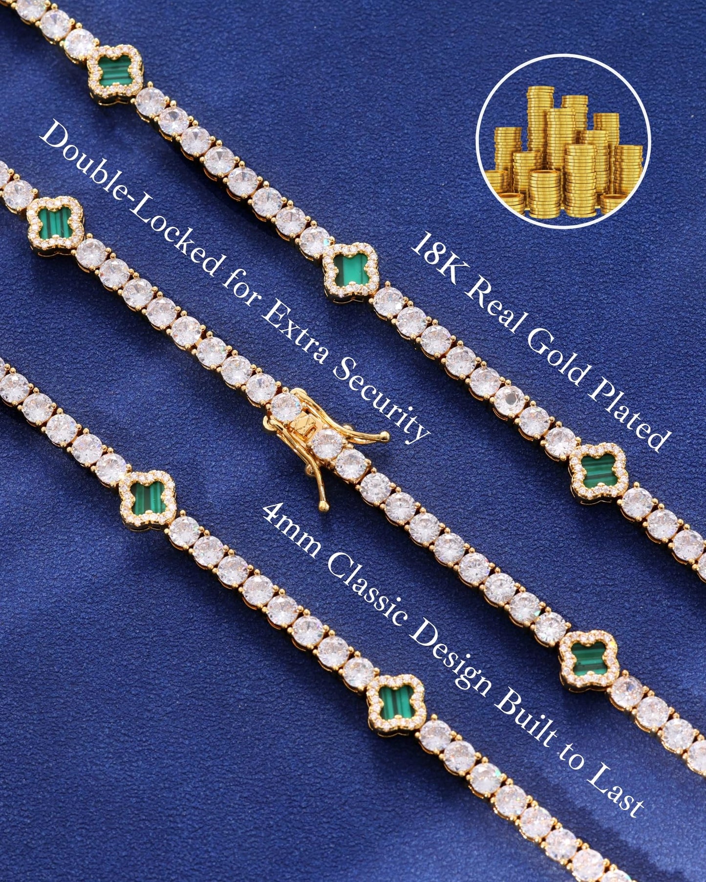 LuxeFlex 4mm Iced Out Clover Tennis Bracelet, White Gold Plated with 5A Zircon Stones, Handmade exquisite Hip Hop Jewelry, Perfect Unisex Gift (Gold-Green,7)