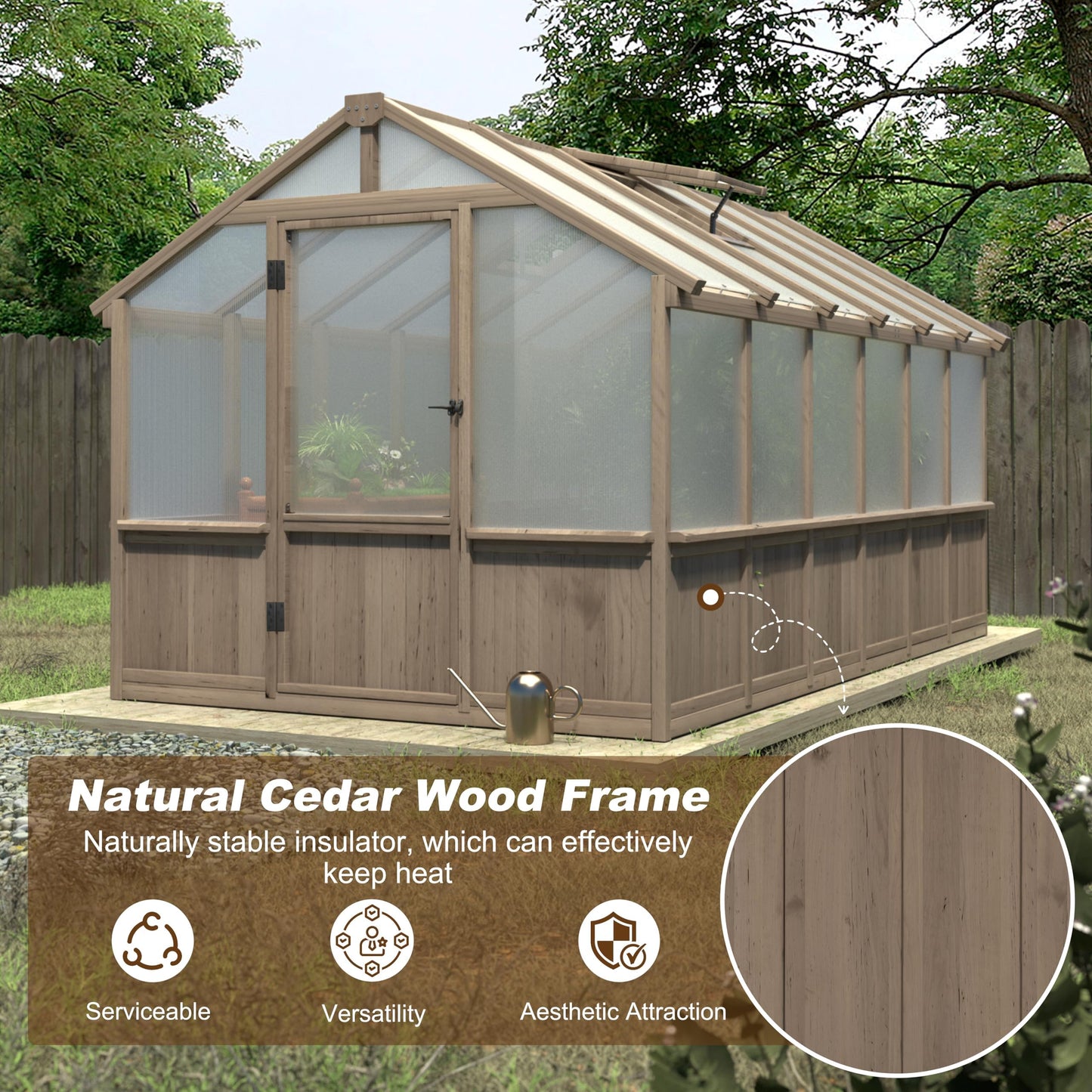 BlueWish 8x12 FT Greenhouse for Outdoors, Wood Green House with Cedar Frame & 6MM Thick Polycarbonate Panel, Walk in Greenhouse with Adjustable Vents for Outdoor, Patio, Garden, Backyard