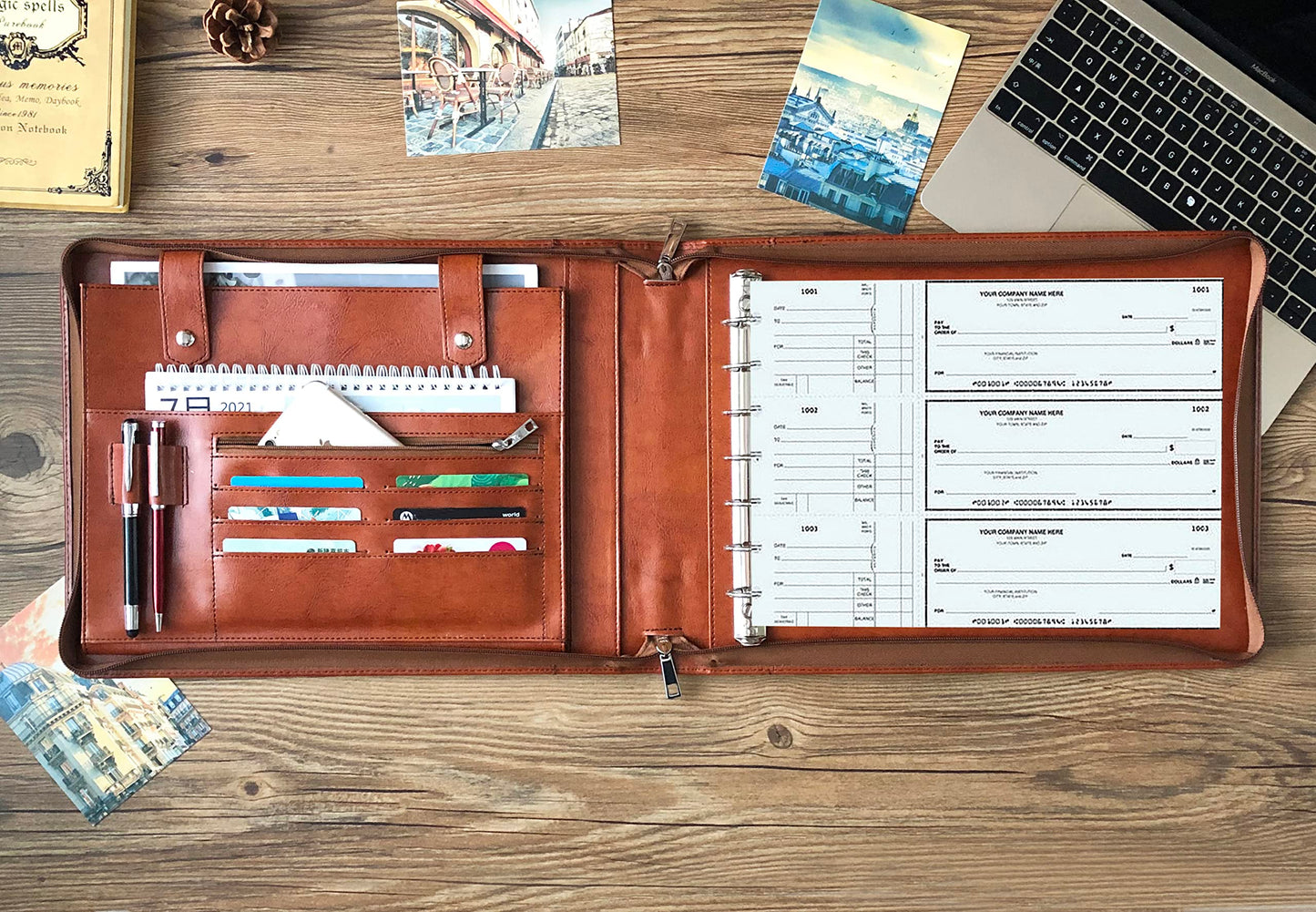Vegan Leather Business Check Binder 7 Ring, Zippered Business Checkbook Cover, Premium Check Portfolio with Handle, 600 Checks Capacity for 9 x 13 inch Sheets (Standard, Brown)