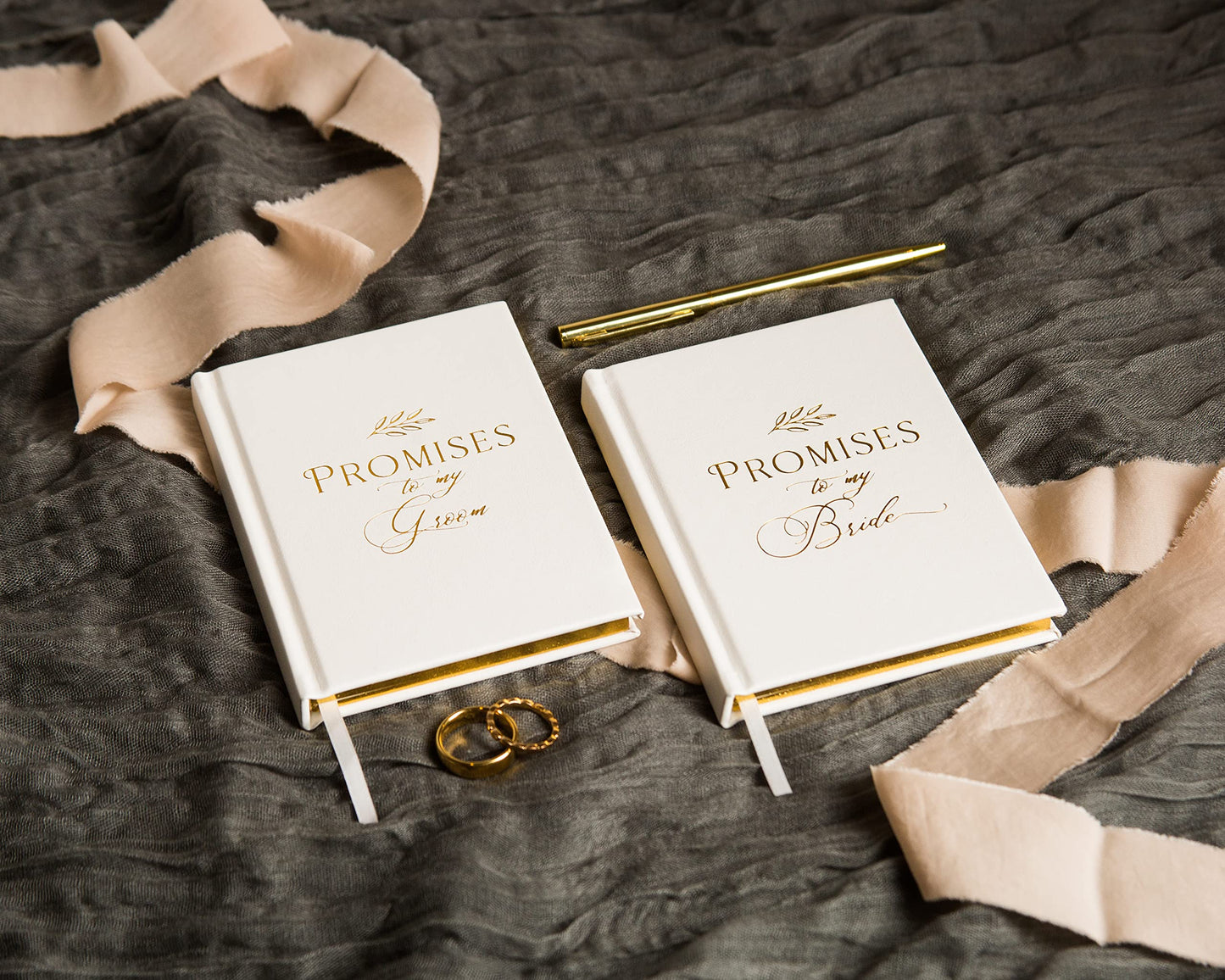 MUUJEE Promises to My Groom and Promises to My Bride Wedding Vow Books (Set of 2) - White Gold Foil Embossed Notebook Journal for Wedding Ceremony Vow Renewal - Wedding Gift Ideas