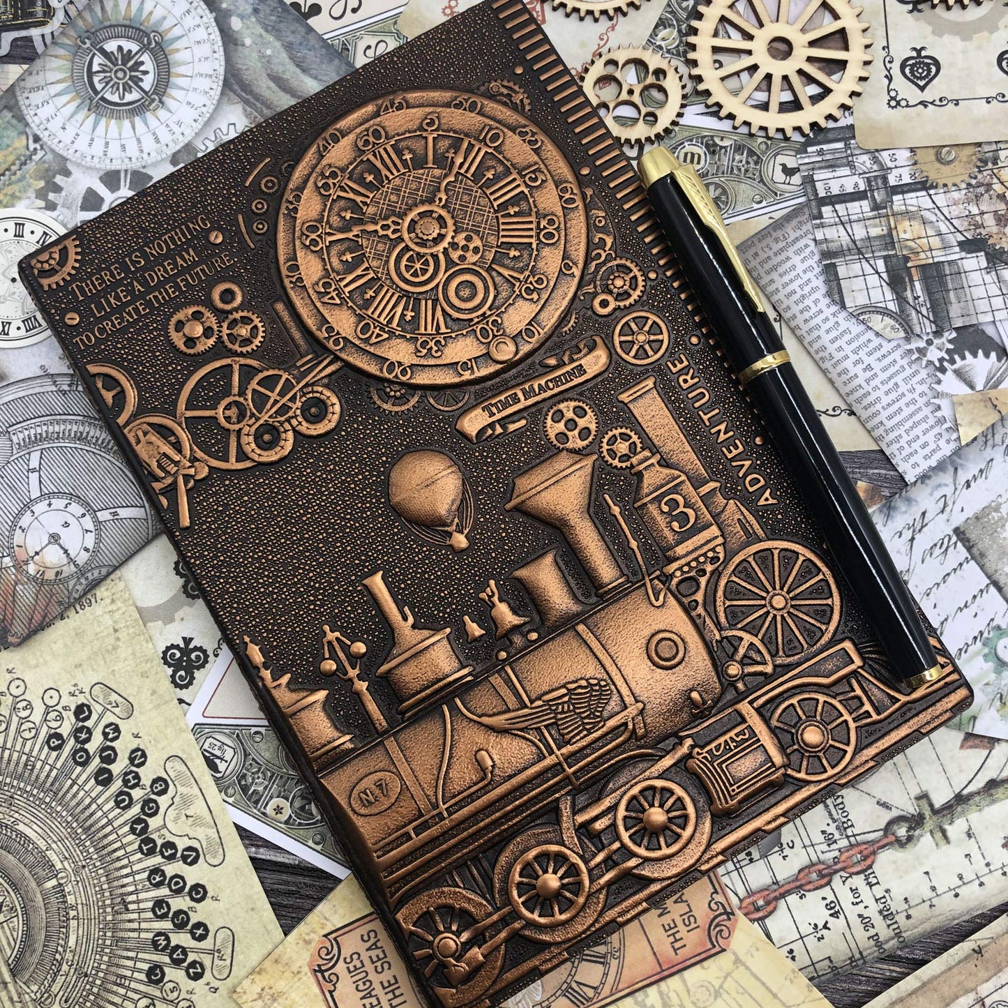 fengco Vintage Train Embossed Leather Writing Journal Notebook with Pen Set,Antique Handmade Daily Notepad Sketchbook,Travel Diary Notebooks to Write in,Gift for Men Women (A5(8.4"*5.7"), RedBronze)
