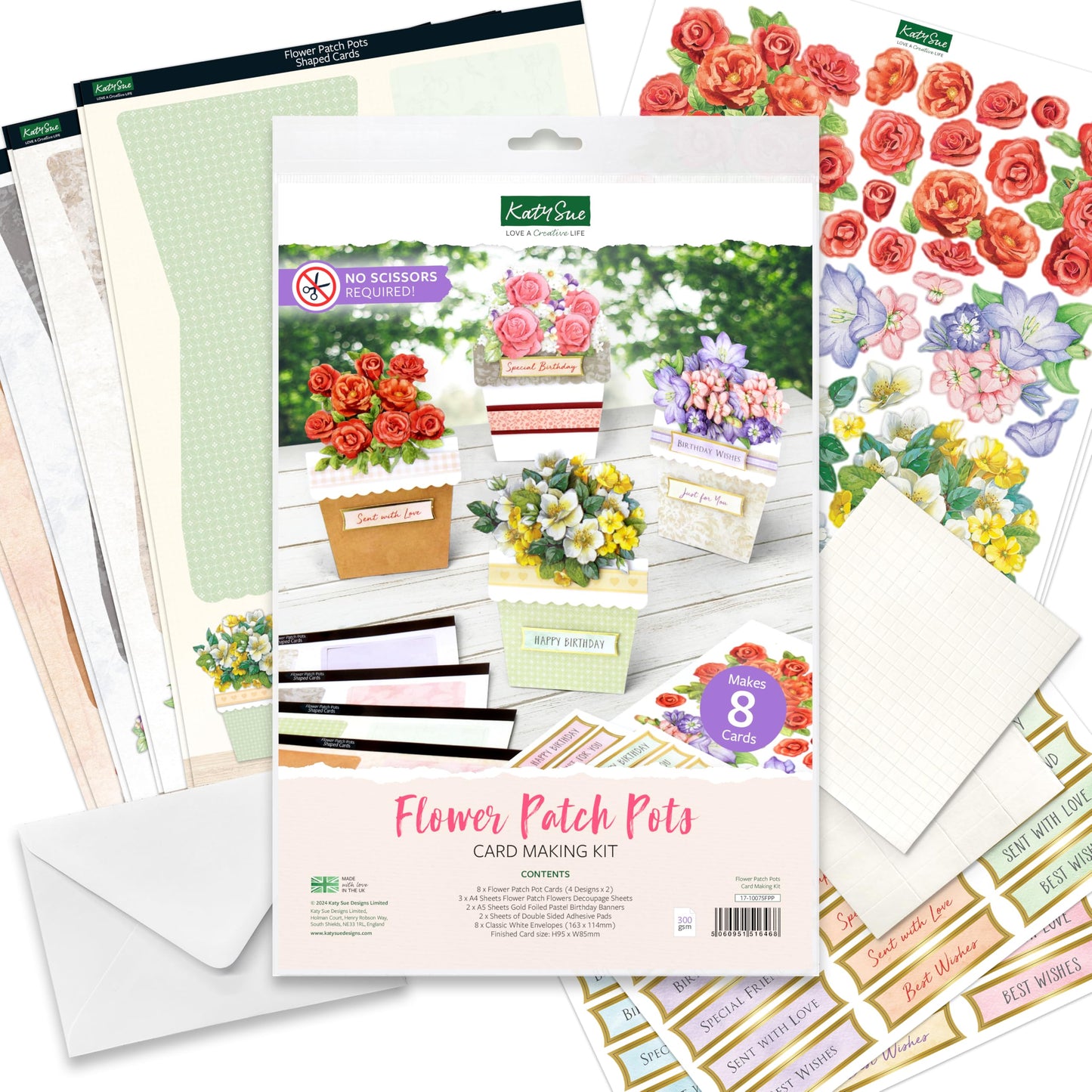 Katy Sue Flower Patch Pots Card Making Kit. 8 Cards, 8 Envelopes, 3 Sheets of Floral Die-Cut Decoupage, Adhesive Pads, & 2 Sheets of Birthday Sentiments Banners for Card Making Supplies