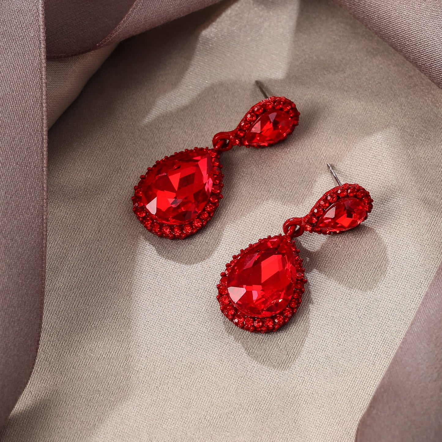 EVER FAITH Women's Austrian Crystal Dangle Earrings, Elegant Party Prom Waterdrop Pierced Earrings Red Red-Tone
