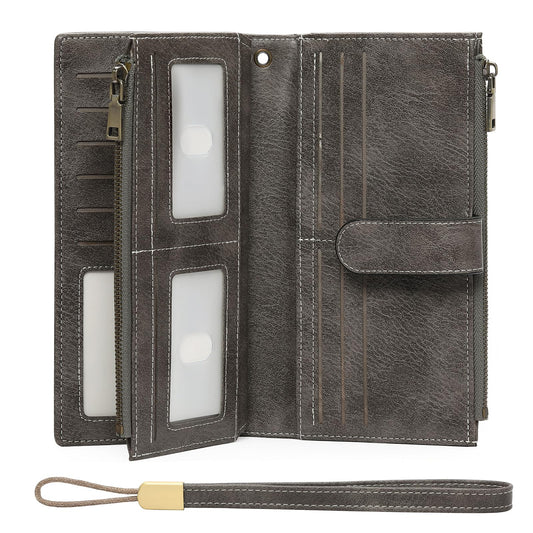 GOIACII Wallet for Women Large Wristlet Purse Trifold Clutch Grey