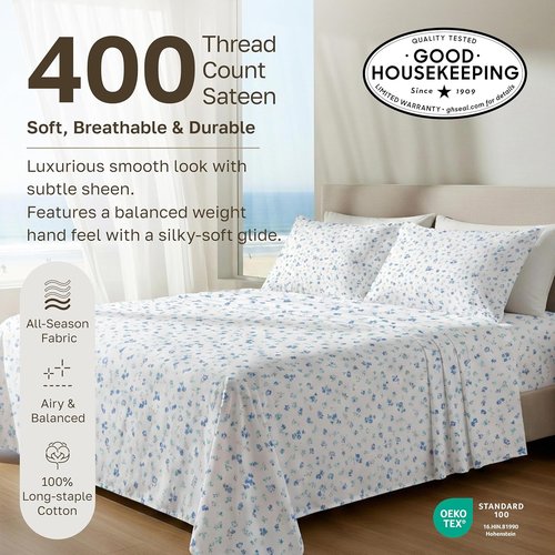 California Design Den Queen Sheet Set - 100% Cotton, 400 TC, Smooth Sateen Finish, Deep Pockets | Floral White/Blue